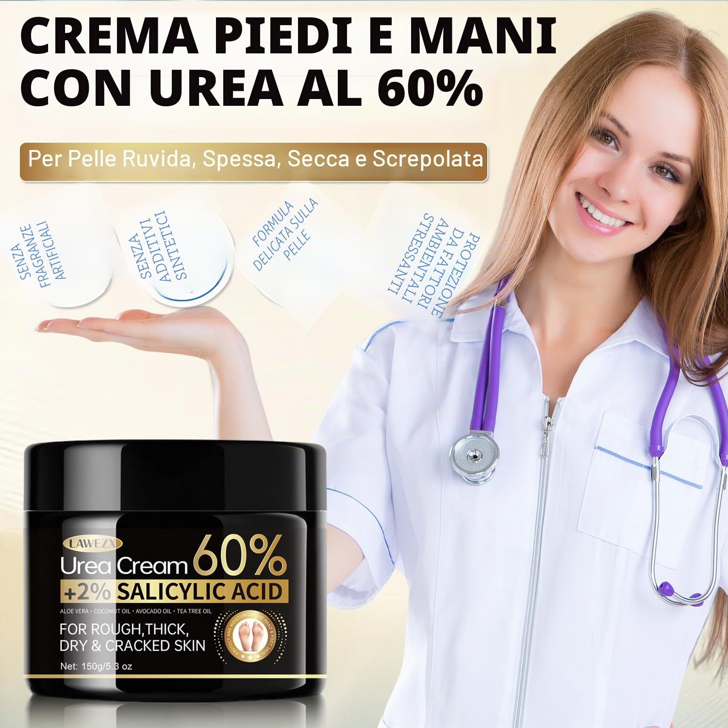 Crema Urea per Piedi e Mani, Crema Piedi Urea 60% con Acido Salicilico 2%, per Mani, Talloni, Gomiti e Ginocchia, Un'idratazione Profonda, Screpolati Rimozione e Ammorbidimento Dei Calli, 150g