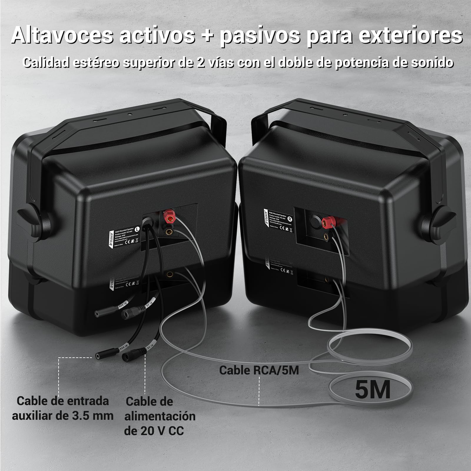 Inwa Altavoz Bluetooth para exteriores de 500 W, altavoz de pared activo/pasivo, IPX5, inalámbrico, estéreo, auxiliar, para interiores, exteriores cubiertos (par, MZ660, RMS 50 W)