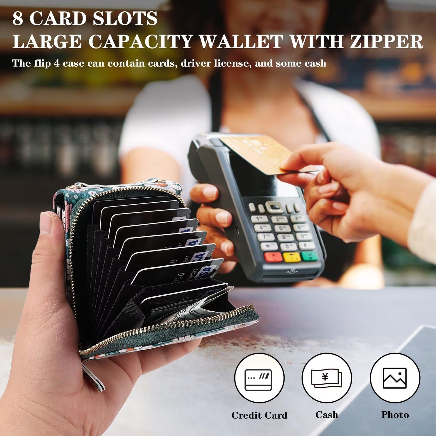 Phone Case for Samsung Galaxy Z Flip 7 Wallet Phone Cover, Zipper 8 Card Slots with Adjustable Crossbody Strap, PU Leather Fashion Card Holder Flower Pattern Cover for Women Green Daisy