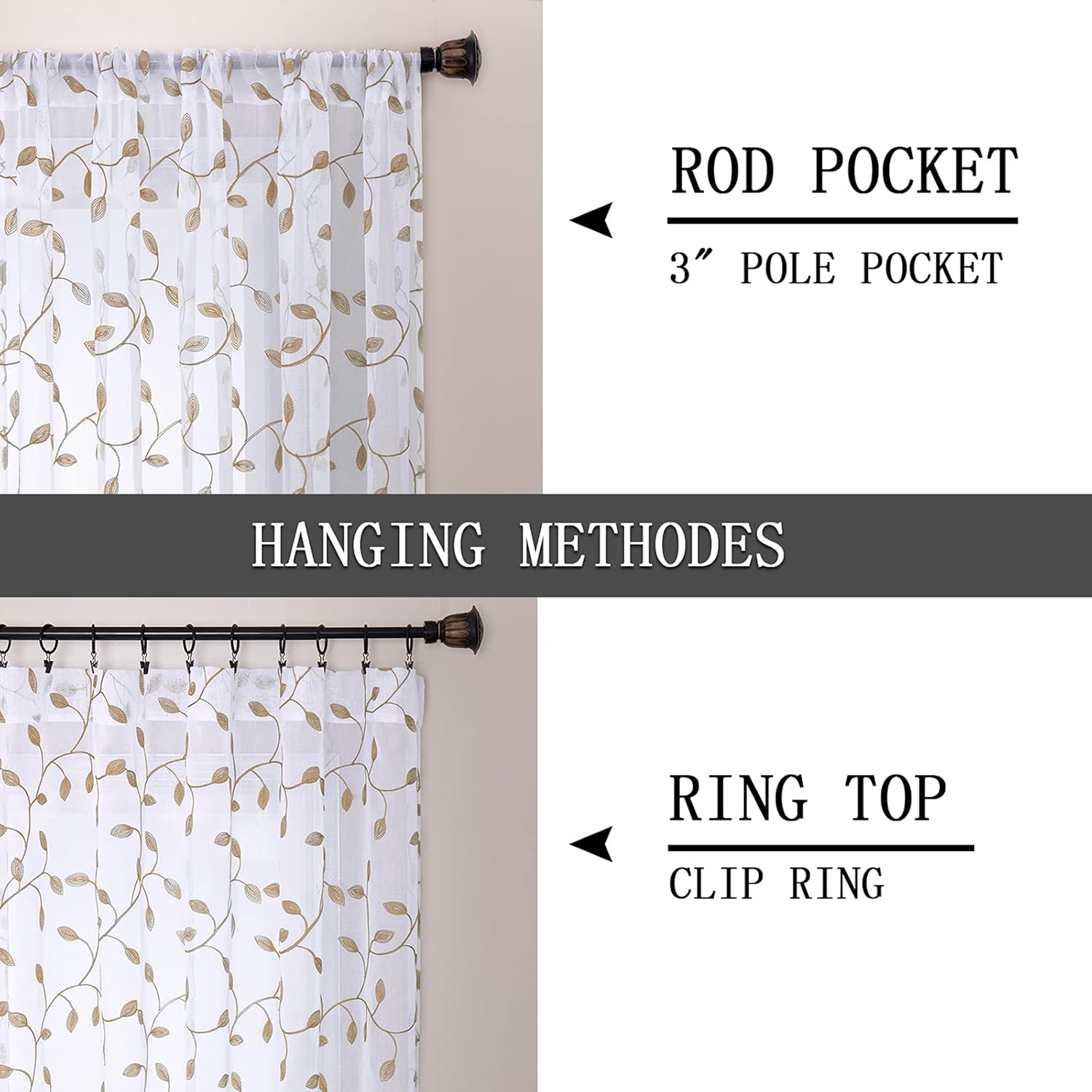 Tollpiz Leaves Sheer Curtain Taupe Leaf Embroidery Bedroom Curtains Rod Pocket Voile Faux Linen Embroidered Leaves Curtain for Living Room, 54 x 84 inches Long, Set of 2 Panels