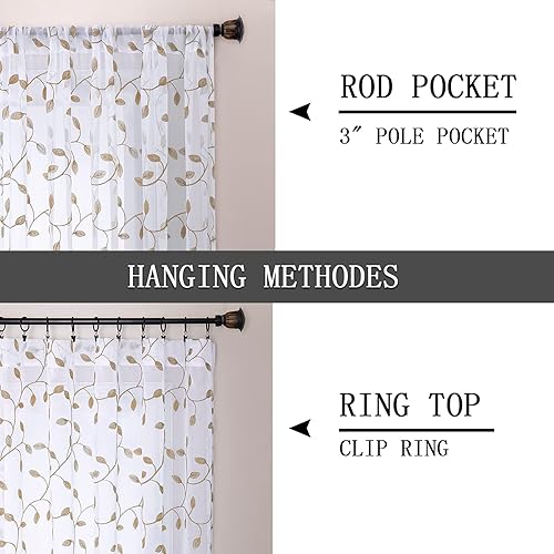 Miniatura 5 de Cortinas Tollpiz translúcidas, con diseño de hojas bordadas, para dormitorio, de lino sintético, para sala de estar, juego de 2 paneles