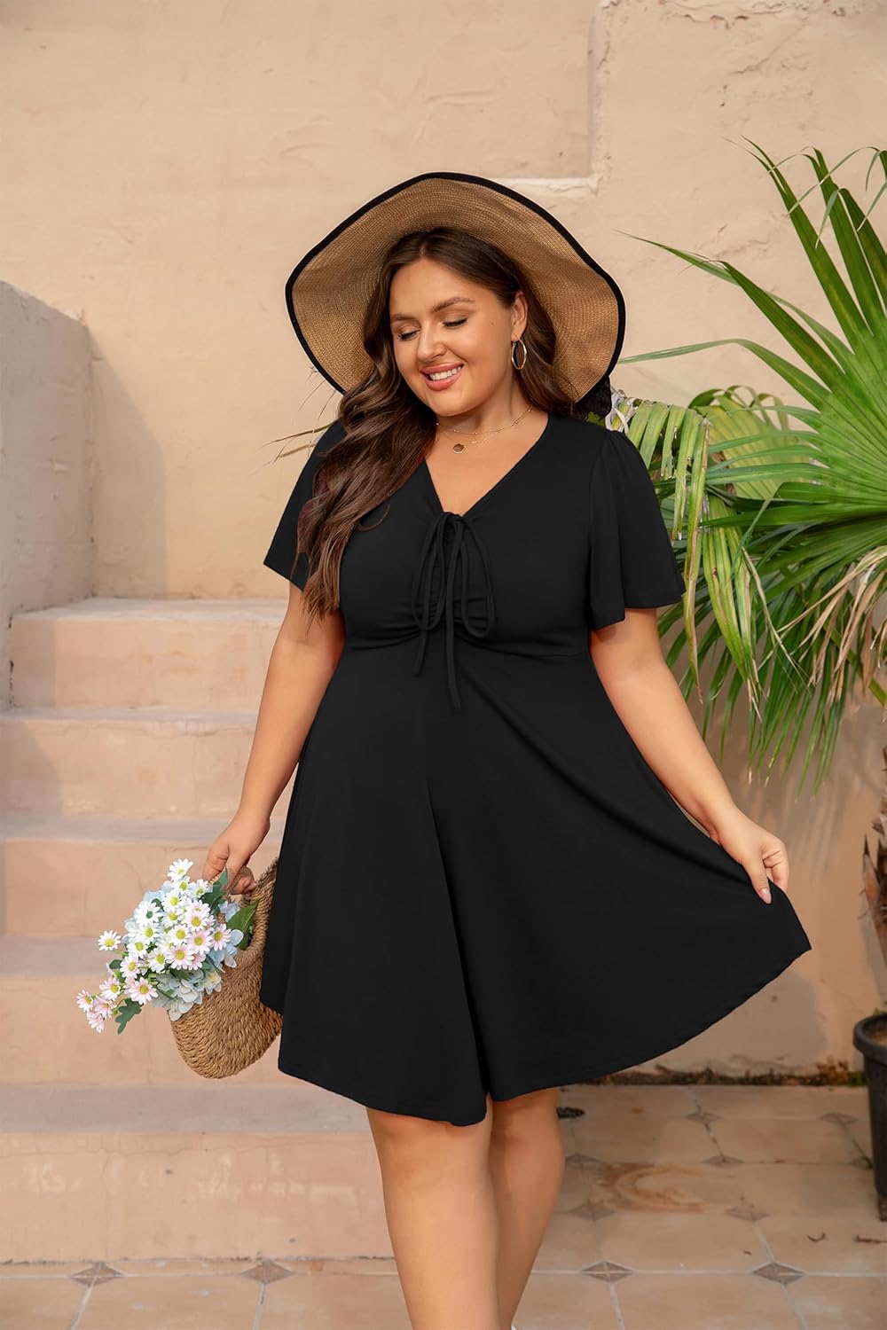 Women's Plus Size Dresses Casual Flowy Dress with Pocket Short Ruffle Sleeve V Neck Drawstring Bow Summer - Image 7