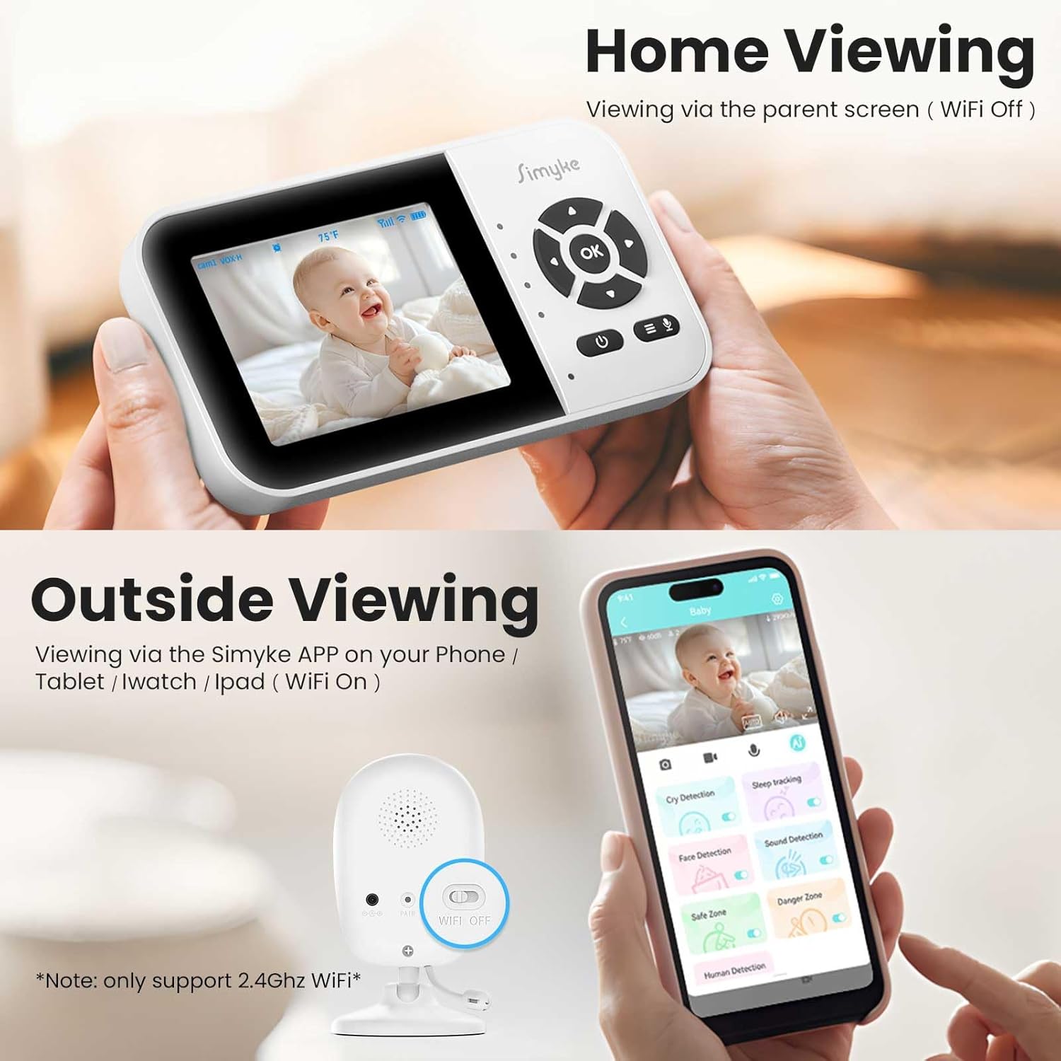 Smart Baby Monitor with 2 Cameras and Audio,App,Long Range,Night Vision,Temperature Sensor,2 Way Talk, Feeding Clock and lullabies,Home Use