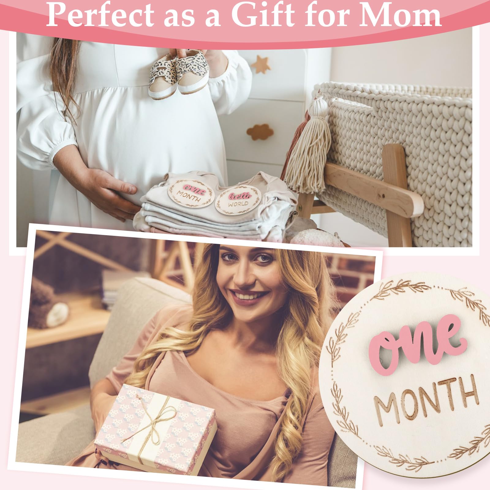 7 Stück Monate Baby Meilensteinschilder, 3D Rosa Baby Monatliche Meilensteinkarten Meilenstein Holzkreise für Neugeborene Junge Mädchen 1-12 Monate Baby Meilensteinbilder (doppelseitig)
