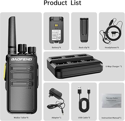 Miniatura 9 de BAOFENG BD-V12B Radio Paquete de 6 Walkie Talkies de largo alcance para adultos, radios bidireccionales FRS portátiles recargables, con cargador
