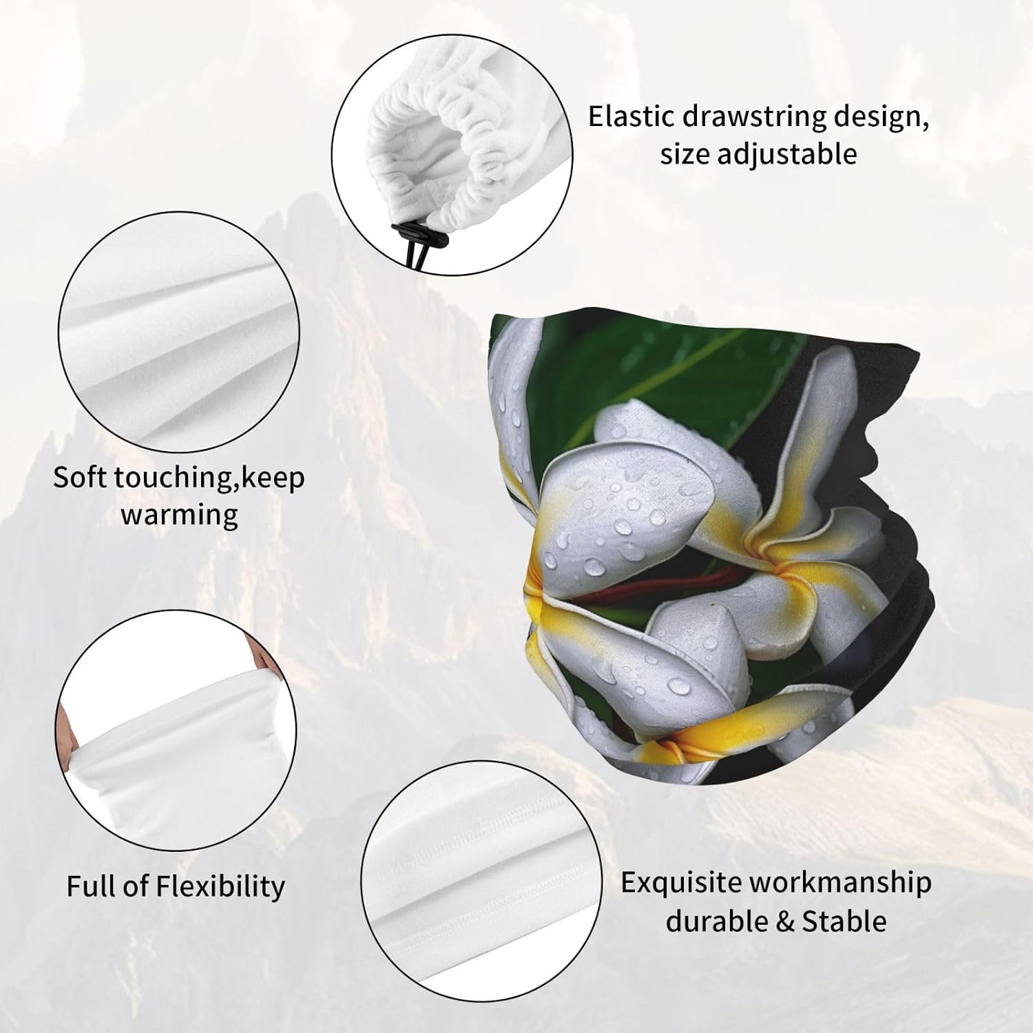 Winter Neck Warmer for Men Women, White Plumeria Neck Gaiter UV Sun Protection Face Mask Windproof Cold Weather Face Cover Thermal Ski Mask Scarf for Outdoor Sports Bandana