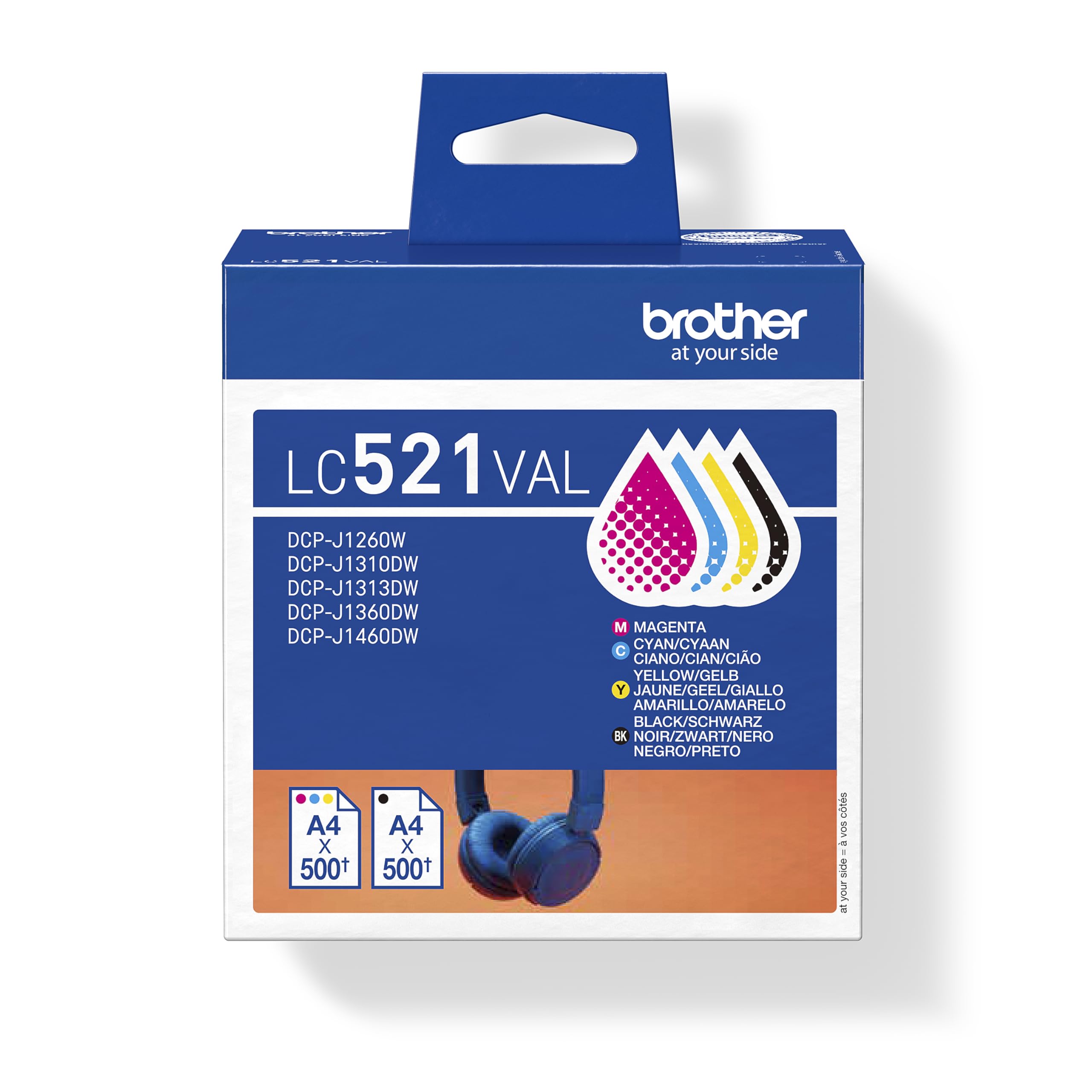 Brother LC521VAL | Kit da 4 Cartucce ink | Include colori Nero, Ciano, Magenta e Giallo | da 500 pagine | per stampanti DCPJ1260W / DCPJ1310DW / DCPJ1313DW / DCPJ1360DW / DCPJ1460DW
