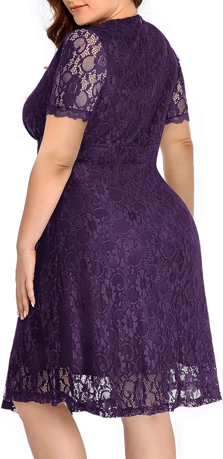 Plus Size Wedding Guest Purple Bridesmaid Cocktail Lace Semi Formal Graduation Knee Length V Neck Party Summer Dress - Image 2