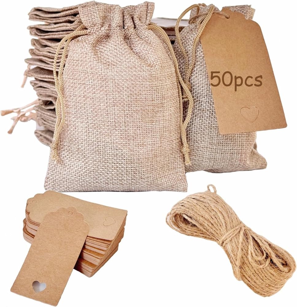 FOCCIUP 10 Pcs Natural Burlap Drawstring Gift Bags - 7x9 Inches For Wedding, Birthday, Party Favors