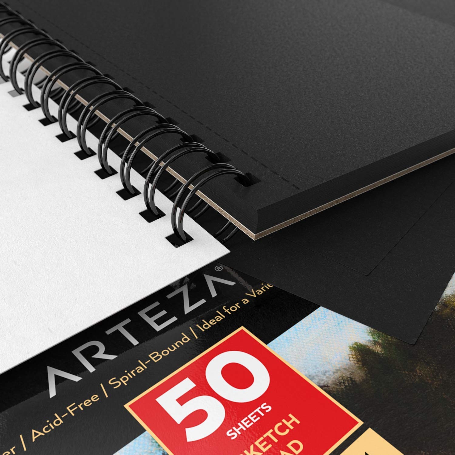 Bloc de croquis noir Arteza, 14X21,6 cm, paquet de 3, 150 feuilles (90lb/150gsm), 50 feuilles chacune, reliure spirale, papier épais, pour crayons graphite, de couleur, fusain