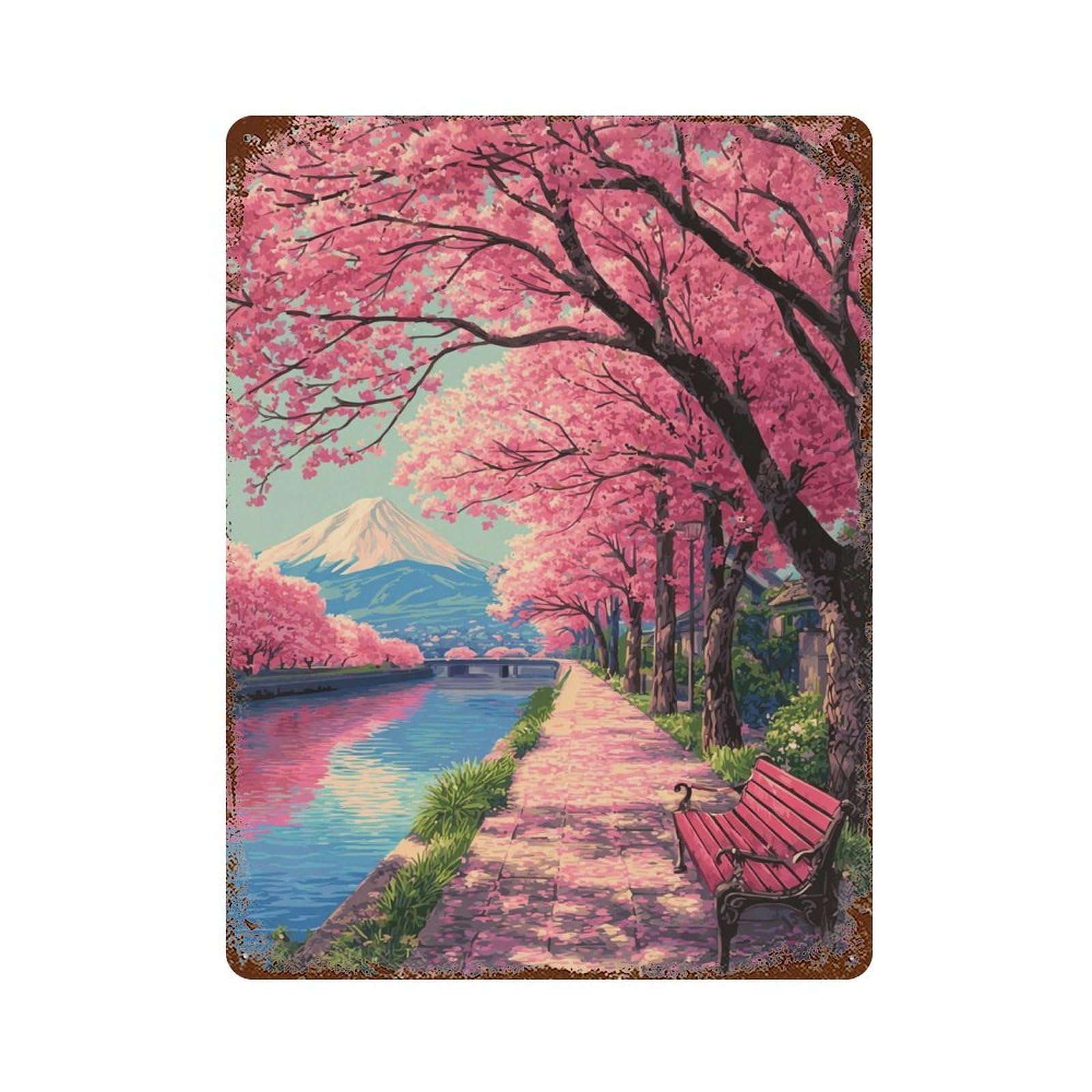 Distressed Metal Wall Sign with Cherry Blossom Pathway Scene-7 Design 15.7"x11.8", for Cafe, Home Bar And Lounge Decor, Retro Wall Decor