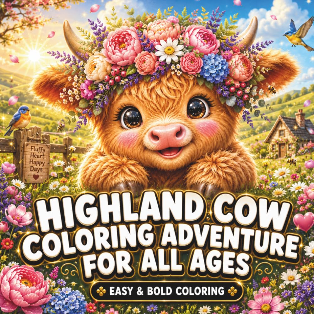 Highland Cow Coloring Adventure for All Ages: Cute Highland Cows, Easy & Bold Coloring Pages for Kids, Teens & Adults