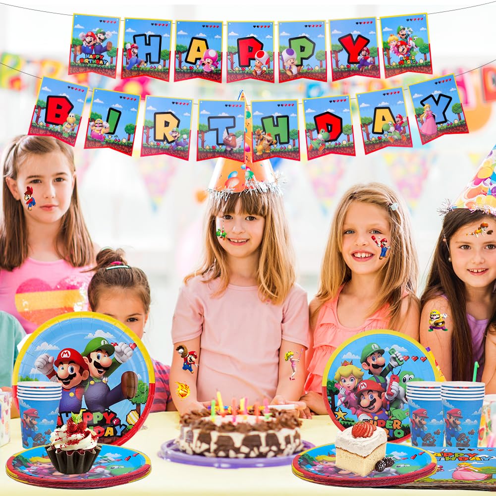 Set De Vaisselle Jetable Mario - 76 Pièces Pour Fête D'anniversaire - Assiettes, Gobelets, Serviettes, Nappe Et Bannière - 5