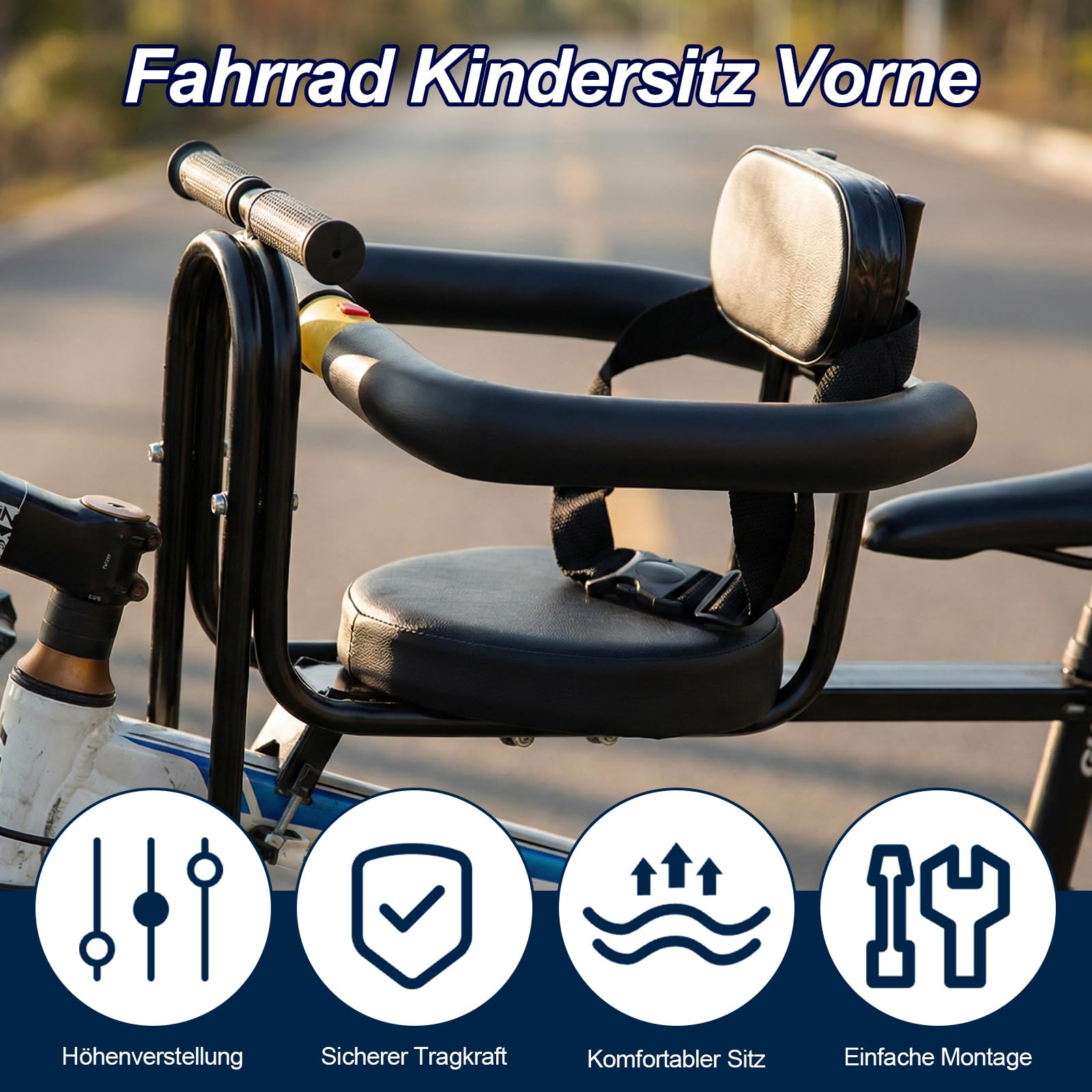 Fahrrad Kindersitz Vorne, Abnehmbarer Kindersattel mit Schutzbügel, Rückenlehne, Komfortpolster & höhenverstellbaren Fußstützen, für MTB, Rennrad, für 1–4 Jahre (bis 40 kg)