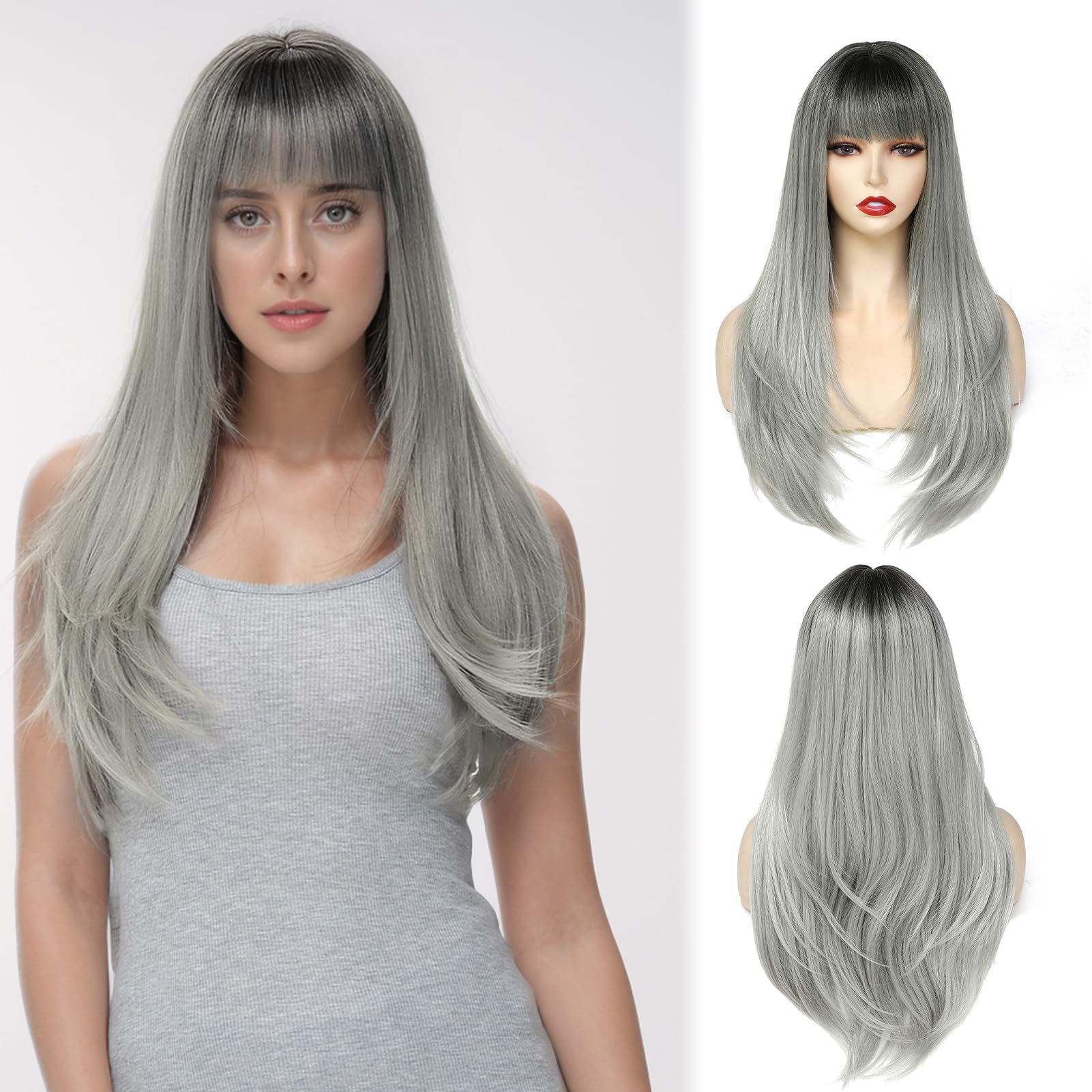 Yamel Wigs with Fringe Ombre Grey Long Hair 24 Inch Adjustable Cosplay or Daily Natural Straight Hair Wigs for Women Lady