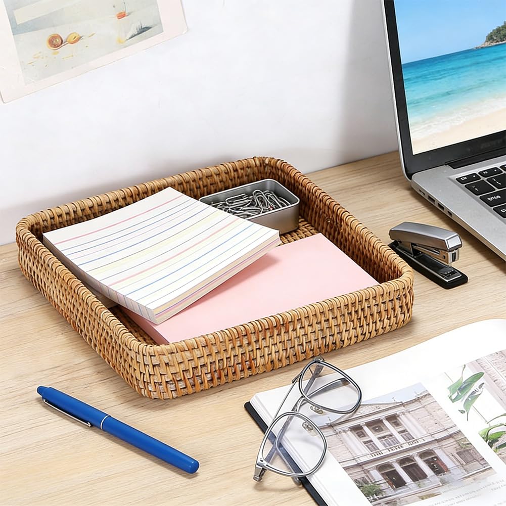 CRASPIRE Vassoio da Portata Quadrato in Rattan Vassoio in Vimini Intrecciato Marrone Stile Boho da Tavolo Scrivania Organizer Decorativo per Cassetti per Chiavi Frutta Cibo Casa Cucina Ristorante