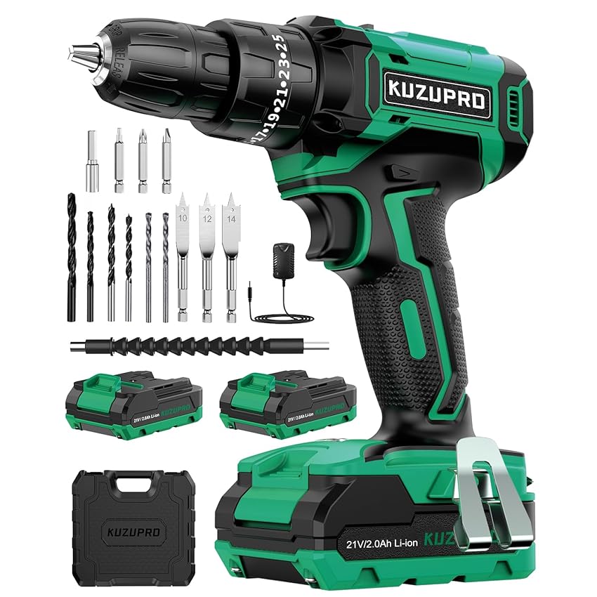 KUZUPRO Trapano Avvitatore Batteria 21V, Avvitatore a Batteria con 2 Batterie da 2.0Ah, 42N.m di Coppia, 25+3 Coppia, 2 Velocità, 14 Accessori, Luce a LED, Per il fai da te, in Casa e Giardino