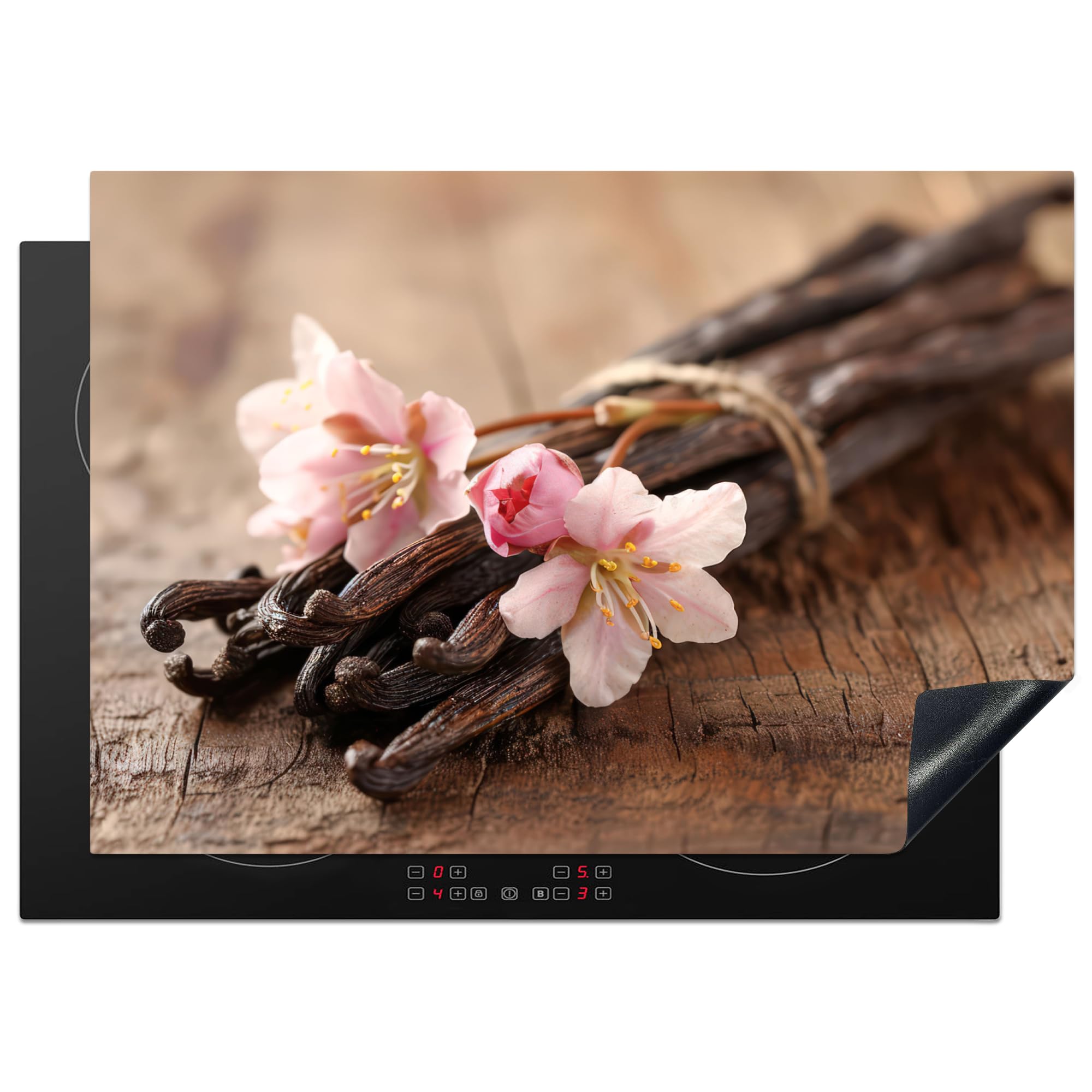 KitchenYeah© Induction Hob Cover Protector Mat 20.5"x29.5" / 75x52 cm Kitchen Universal Ceramic Covers for Electric Cookers Vinyl Vanilla - Flowers - Vanilla pods - Wood - Pink