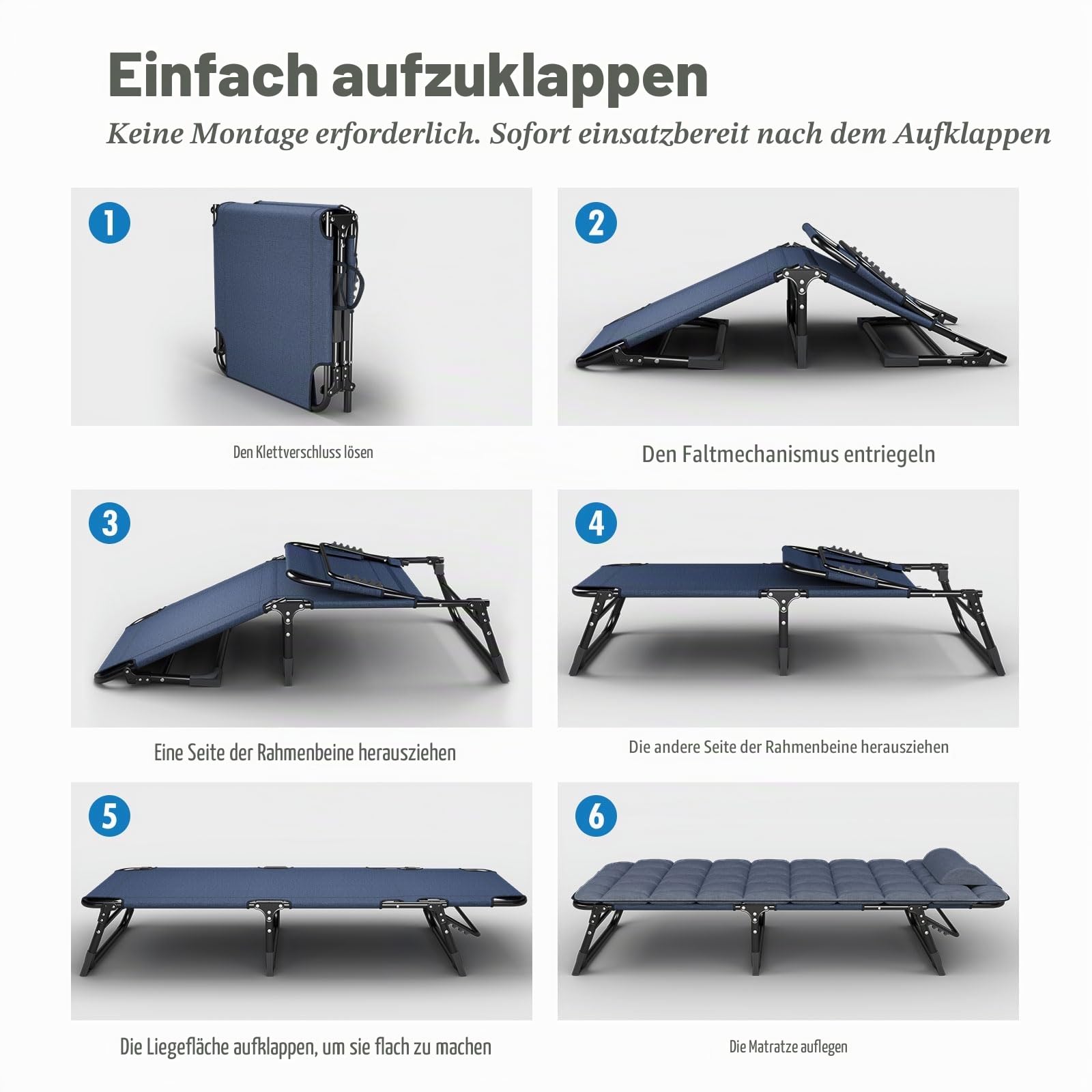 ATORPOK SHOP Sonnenliege mit verstellbarer Rückenlehne, 4-fach verstellbar, Mehrzweck-Campingbett, tragbar und Liegestuhl, für Garten/Pool/Terrasse, gepolsterte Matratze und Kissen – Blau
