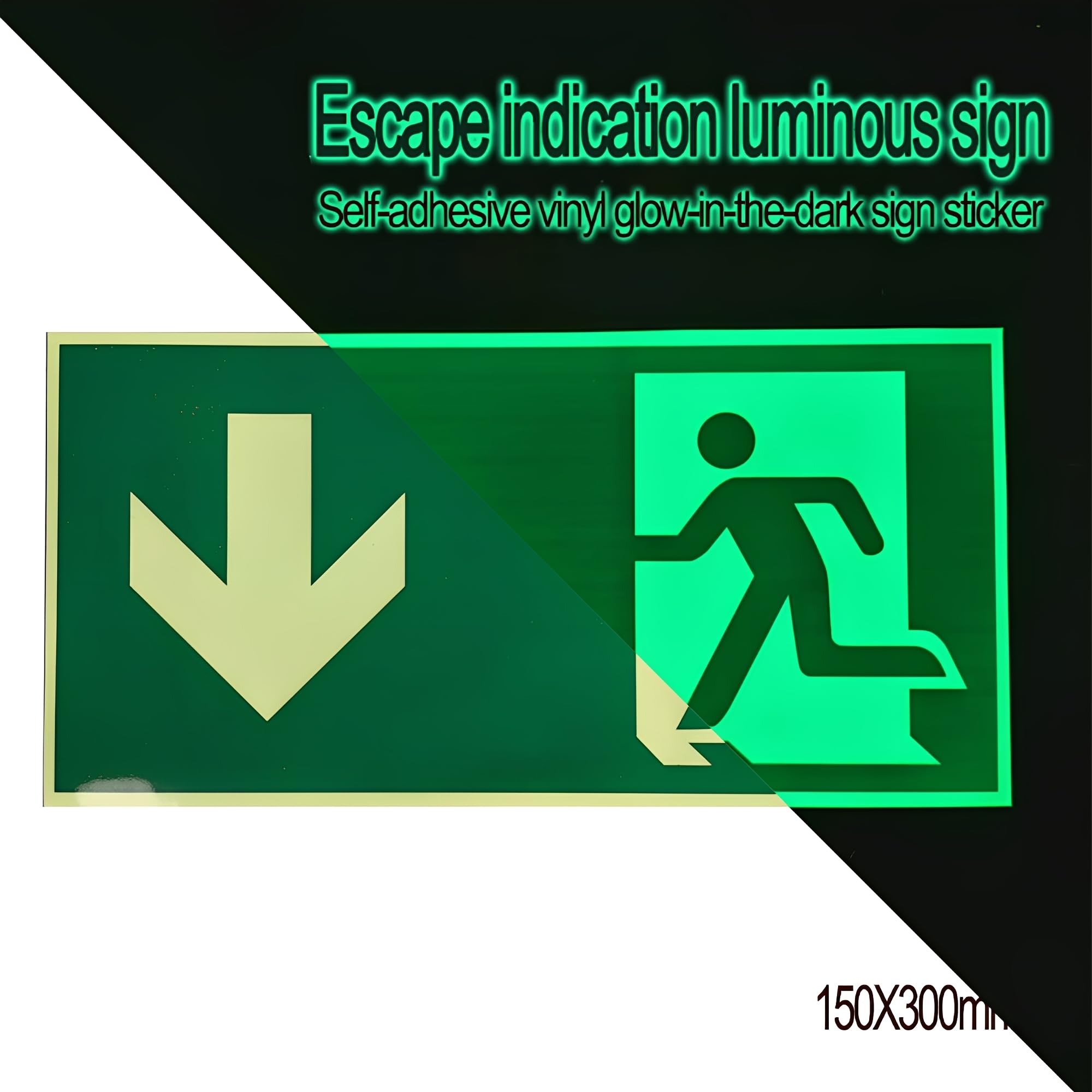 SUQ 7PCS Señal de salida de emergencia, película reflectante fotoluminescente "izquierda", "derecha" e "inferior", diseño autoadhesivo, señales de ruta de escape, no se requiere perforación