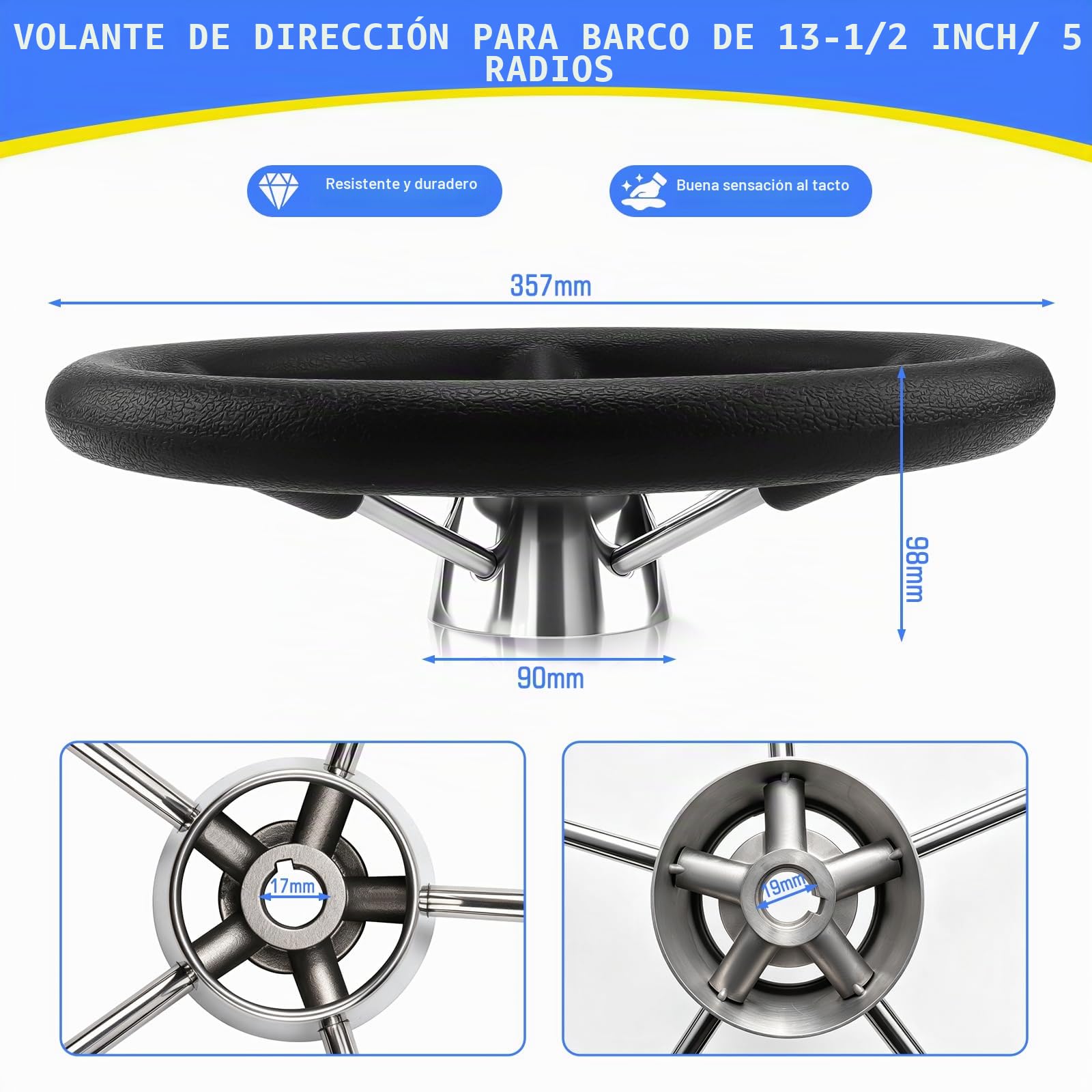Geloo Volante de Acero Marino Inoxidable con Espuma Sintética Negra 5 radios 13-1/2" Antideslizante y Antisudor para Bote Yate Lancha Rápida