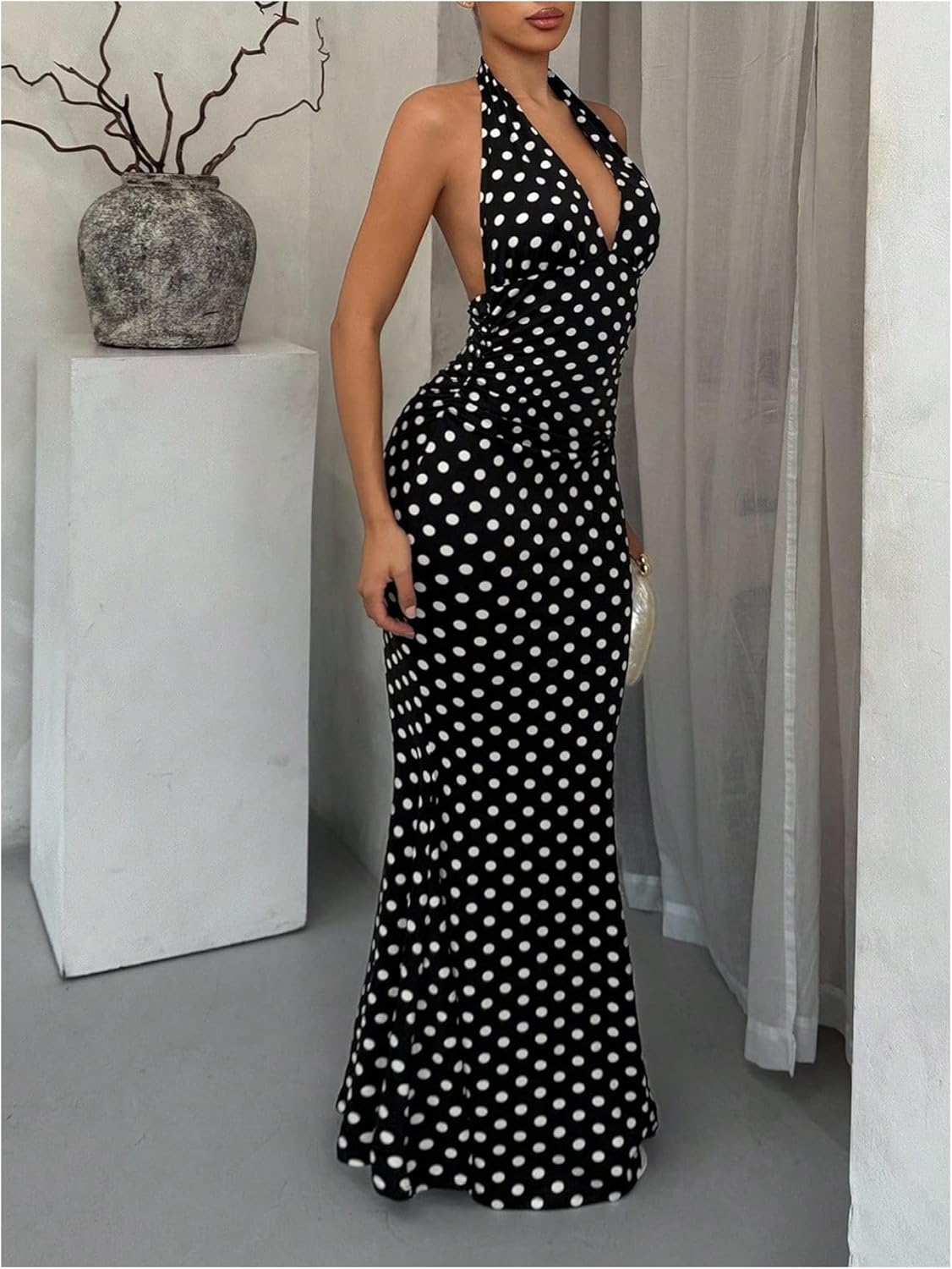 GORGLITTER Women's Polka Dots Halter Dress Deep V Neck Backless Sleeveless Bodycon Maxi Party Wedding Guest Dresses - Image 3