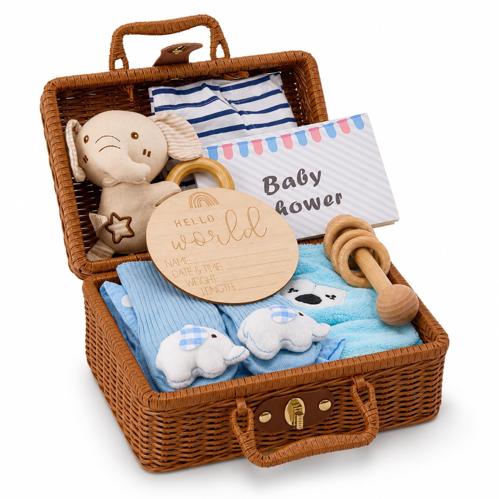 Coffret Cadeau Bébé Neutre - Set Naissance 9 pièces avec Cloche Éléphant Bleu - Cadeau de Naissance en Boîte Bambou pour Garçons et Filles, Baby Shower & Baptême