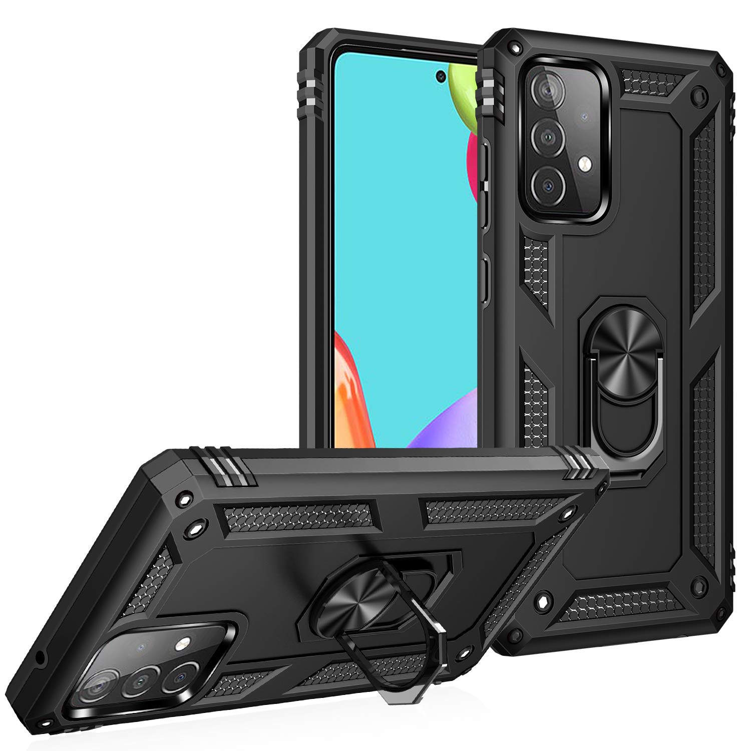 Case for Samsung Galaxy A52 5G / A52S 5G with Tempered Glass Screen Protector,Ring Holder Protective Silicone Shockproof Tough Armor Hard Phone Cover,Black