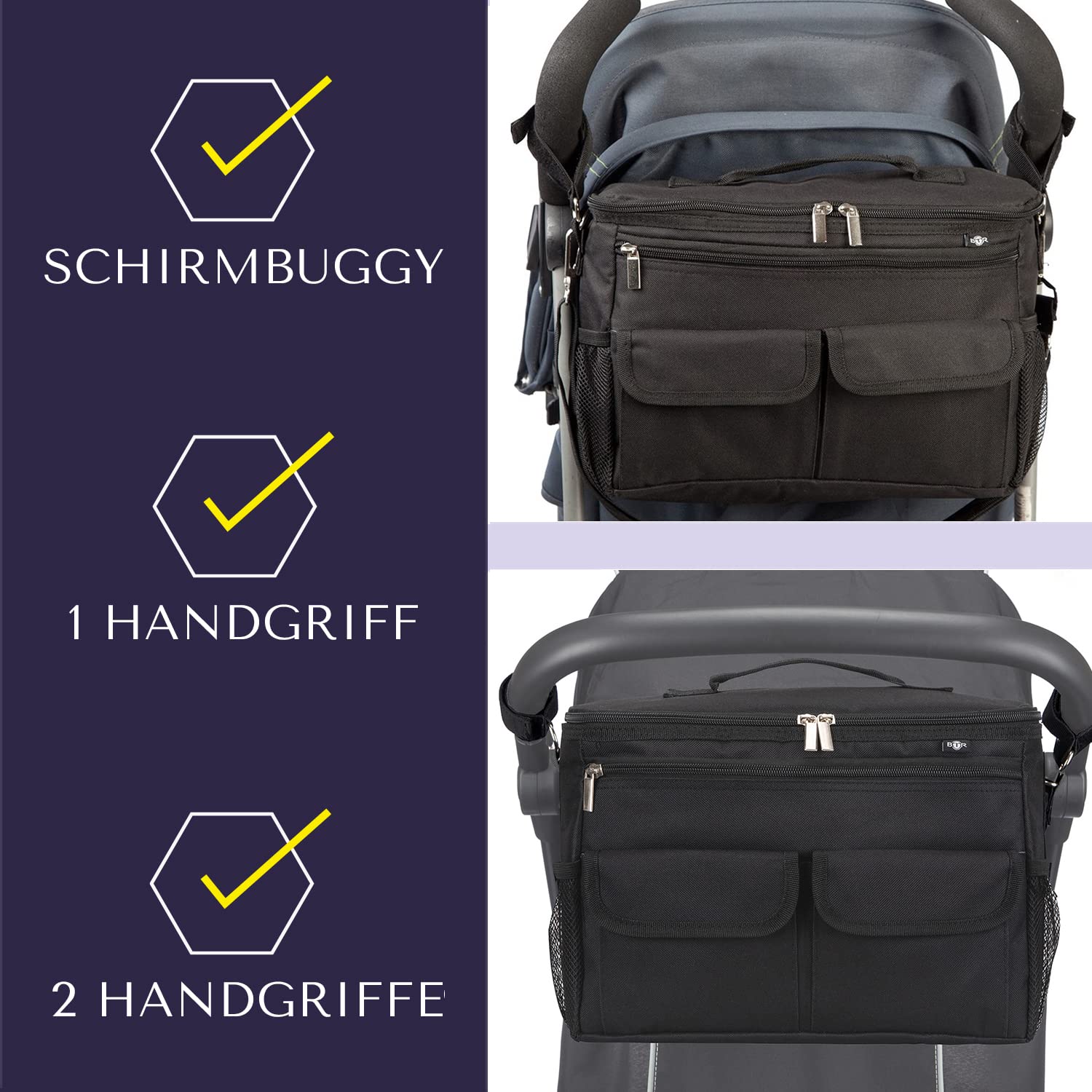 BTR Kinderwagen Organizer und Buggy Organizer und Kinderwagen Taschen plus 2 x Kinderwagen Clips. Schwarz.