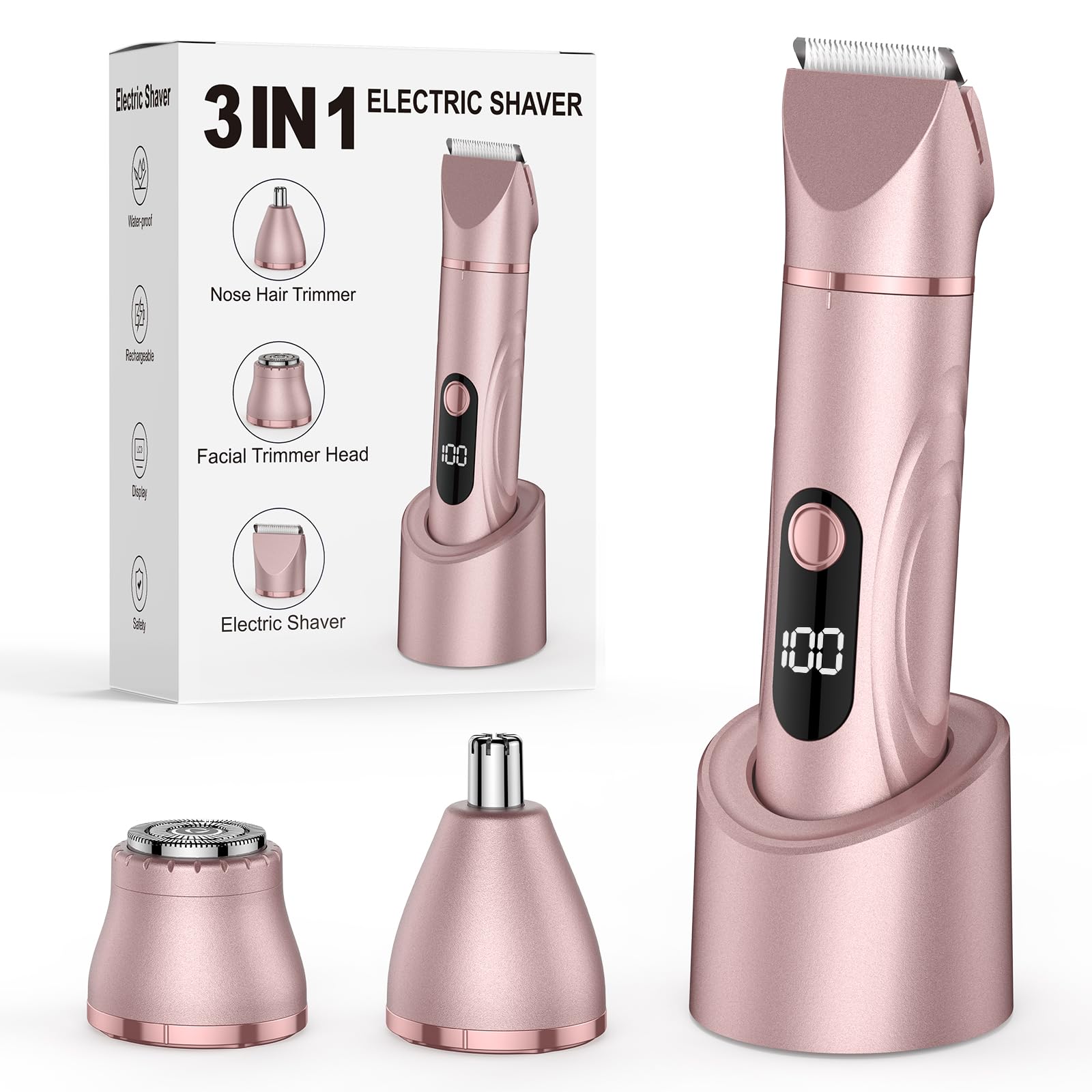 Rasoir Électrique Femme 3 en 1 pour le Corps, le Pubis et le Nez Utilisation Humide et Sèche Tondeuse Rechargeable