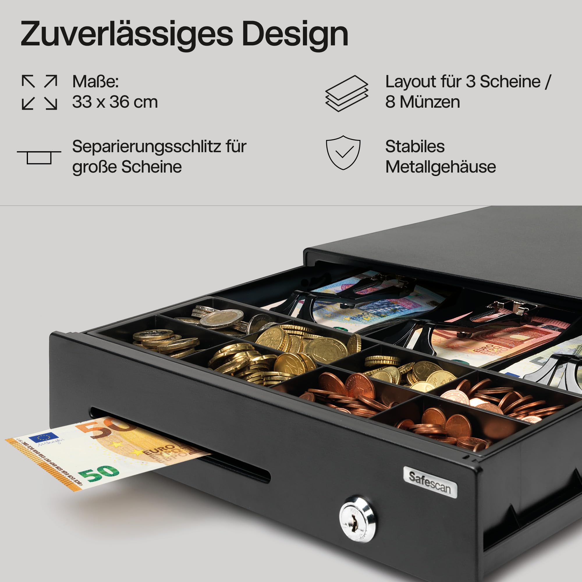 Safescan LD-3336 Light-Duty Kassenschublade mit 3 Fächern für Banknoten und 8 für Münzen - Kassenlade mit RJ-12 Anschluss (z.B. Registrierkasse) - Kompakte Kassenschublade von 33 x 36 x 10 cm