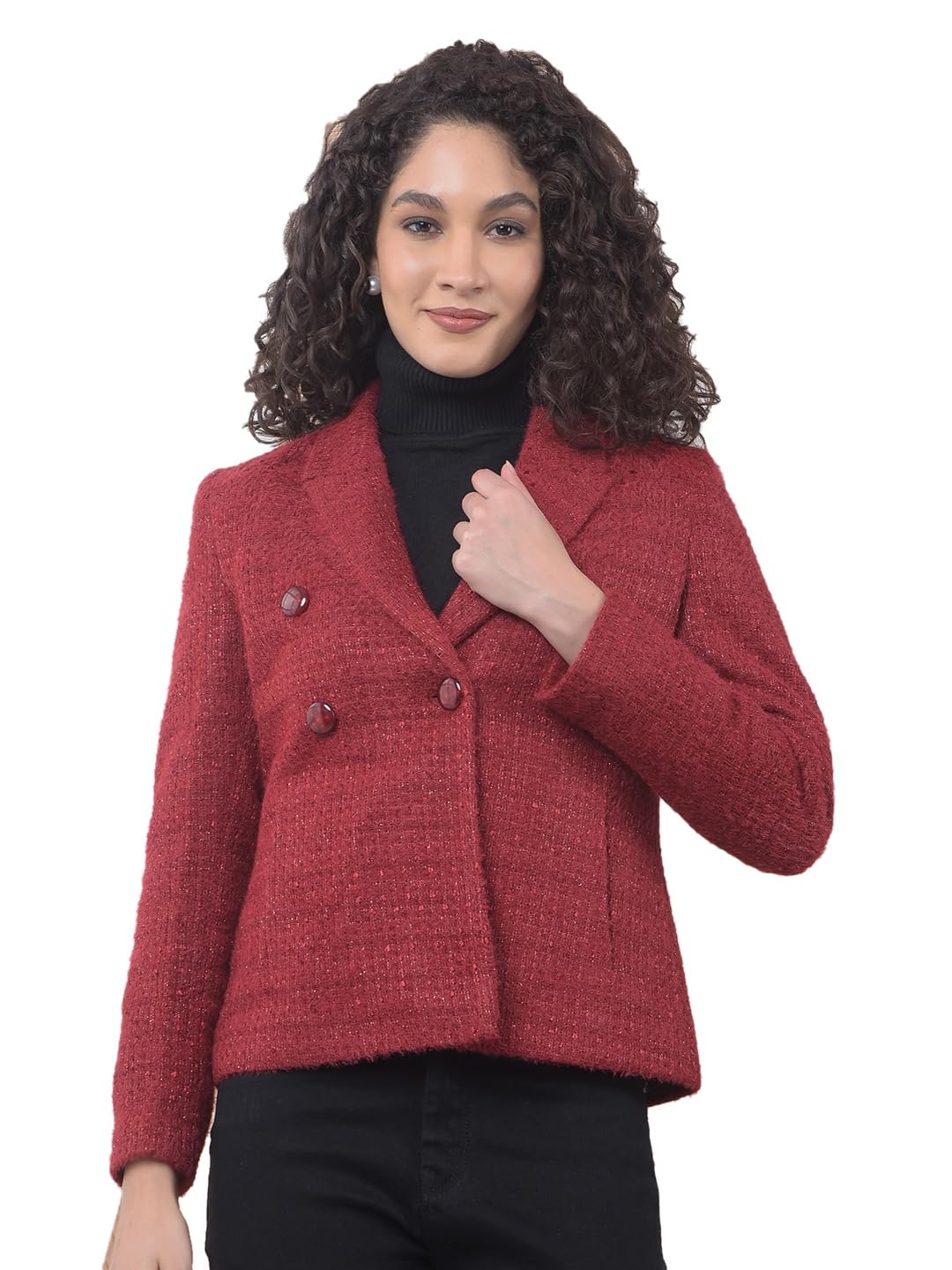 crimsoune club Women's Maroon Jacquard Notched Lapel Coat-picture-19