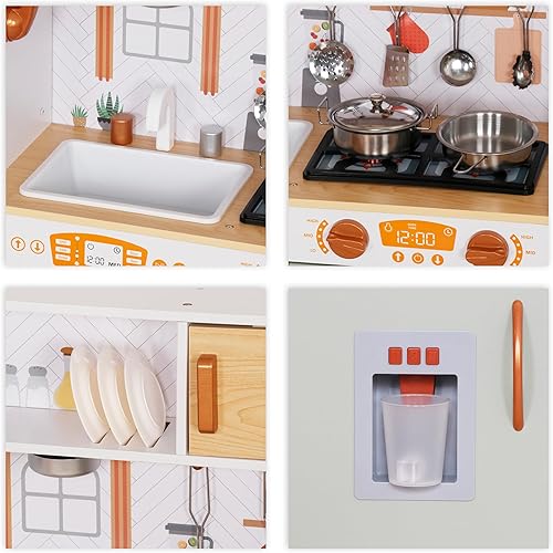 Miniatura 4 de Juego de juguetes de cocina de madera con luz, juego de cocina de juguete de simulación para niños, horno de juguete para fregadero con microondas,