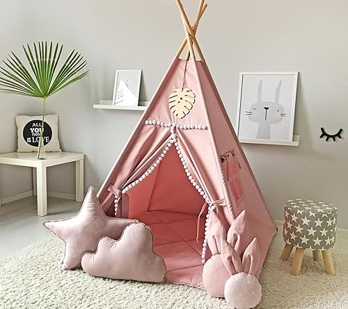 Tienda Tipi para Niños con Pompón Blanco - Tipi de Juego Interior para Niños Niños Casa de Juegos Portátil (Rosa)
