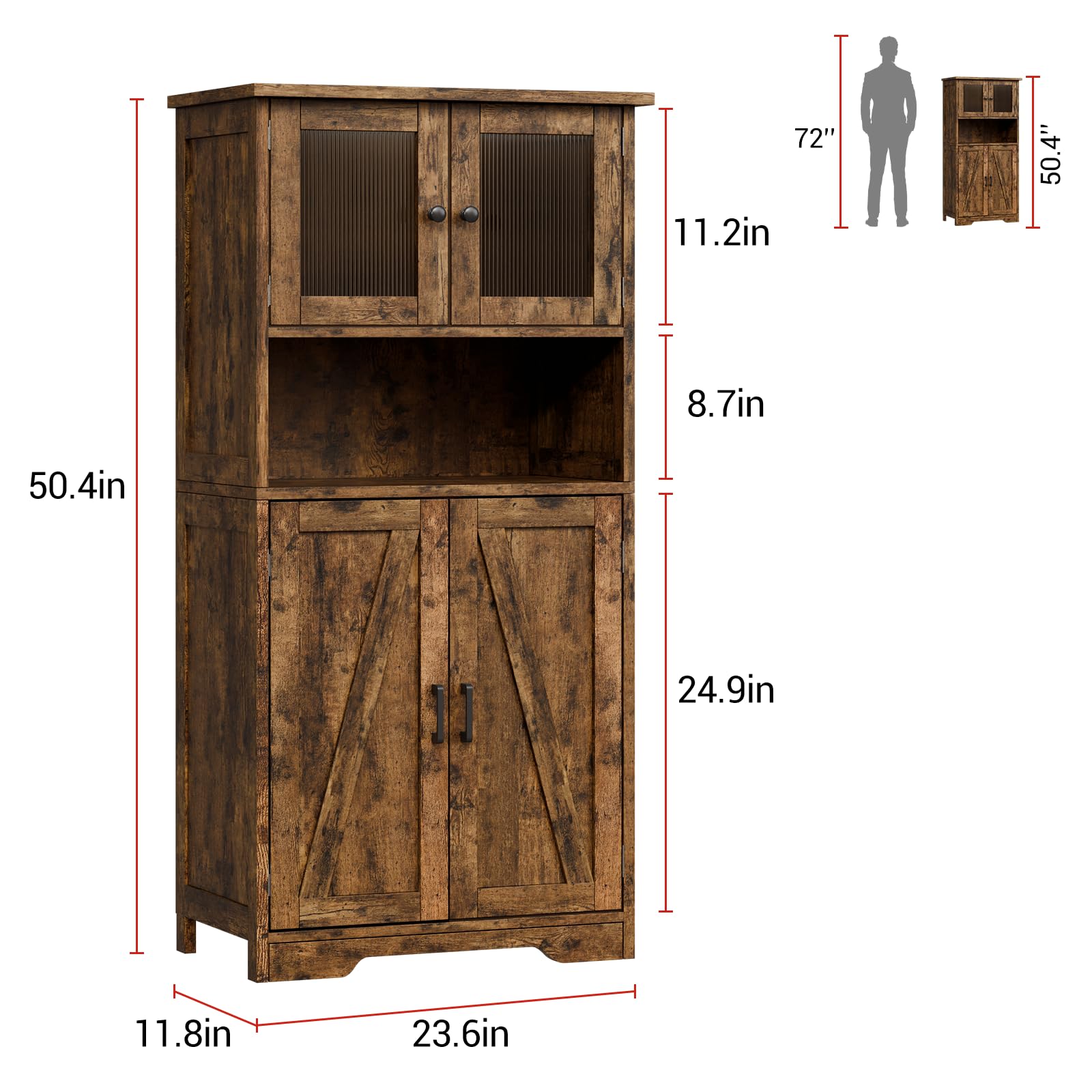Zstar 50.4" Gabinete De Almacenamiento Grande De MDF con 4 Puertas y 1 Compartimento Abierto, 2 Puertas De Vidrio, Estantes Ajustables para Cocina, Dormitorio, Sala o Pasillos, Marrón.