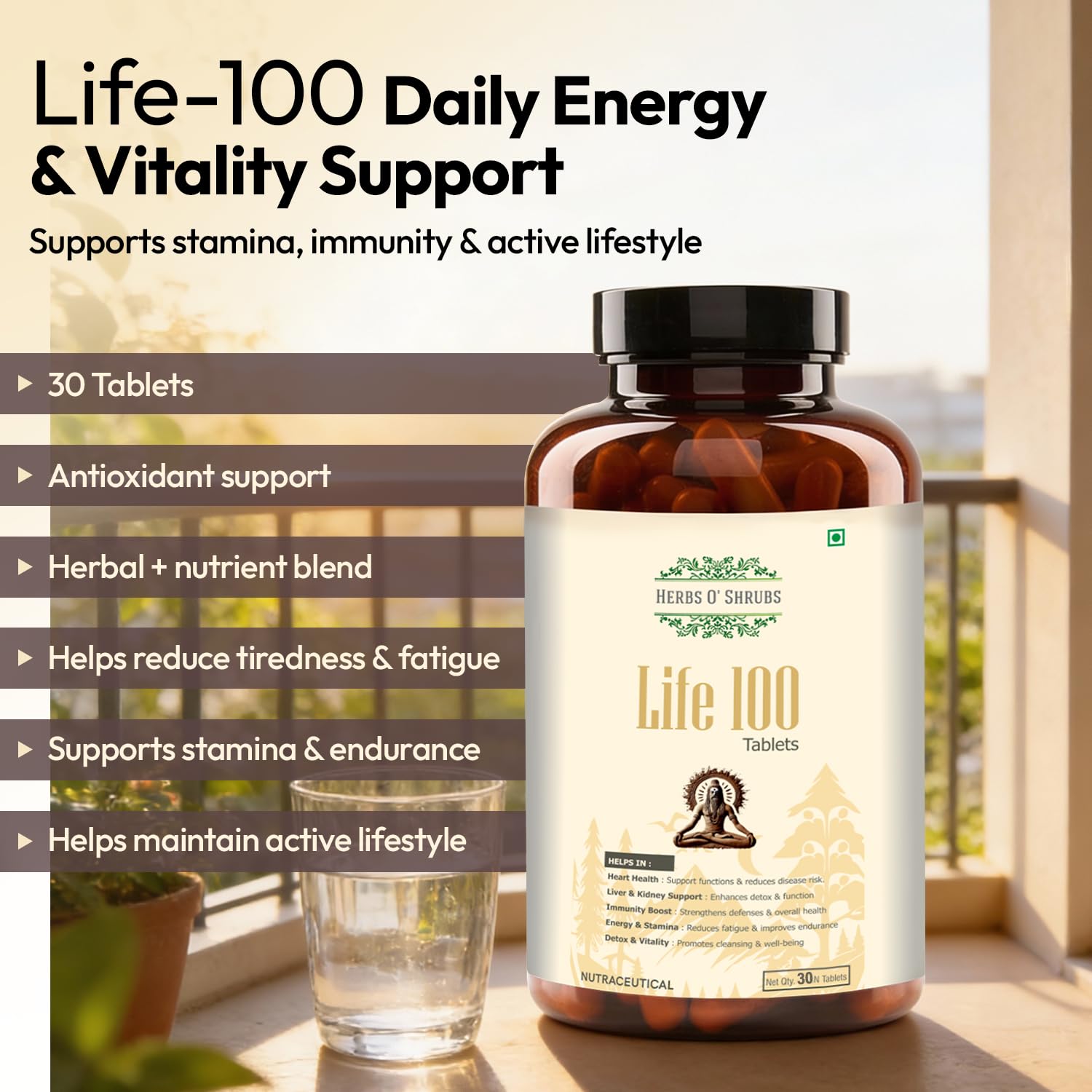 Herbs O' Shrubs Life-100 Antioxidant Support Tablets -30 Count | Daily Energy with CoQ10, Ashwagandha, Spirulina, Resveratrol & L-Carnitine | Immunity Boost | Slow Down Aging for Men & Women — Amazon image 4