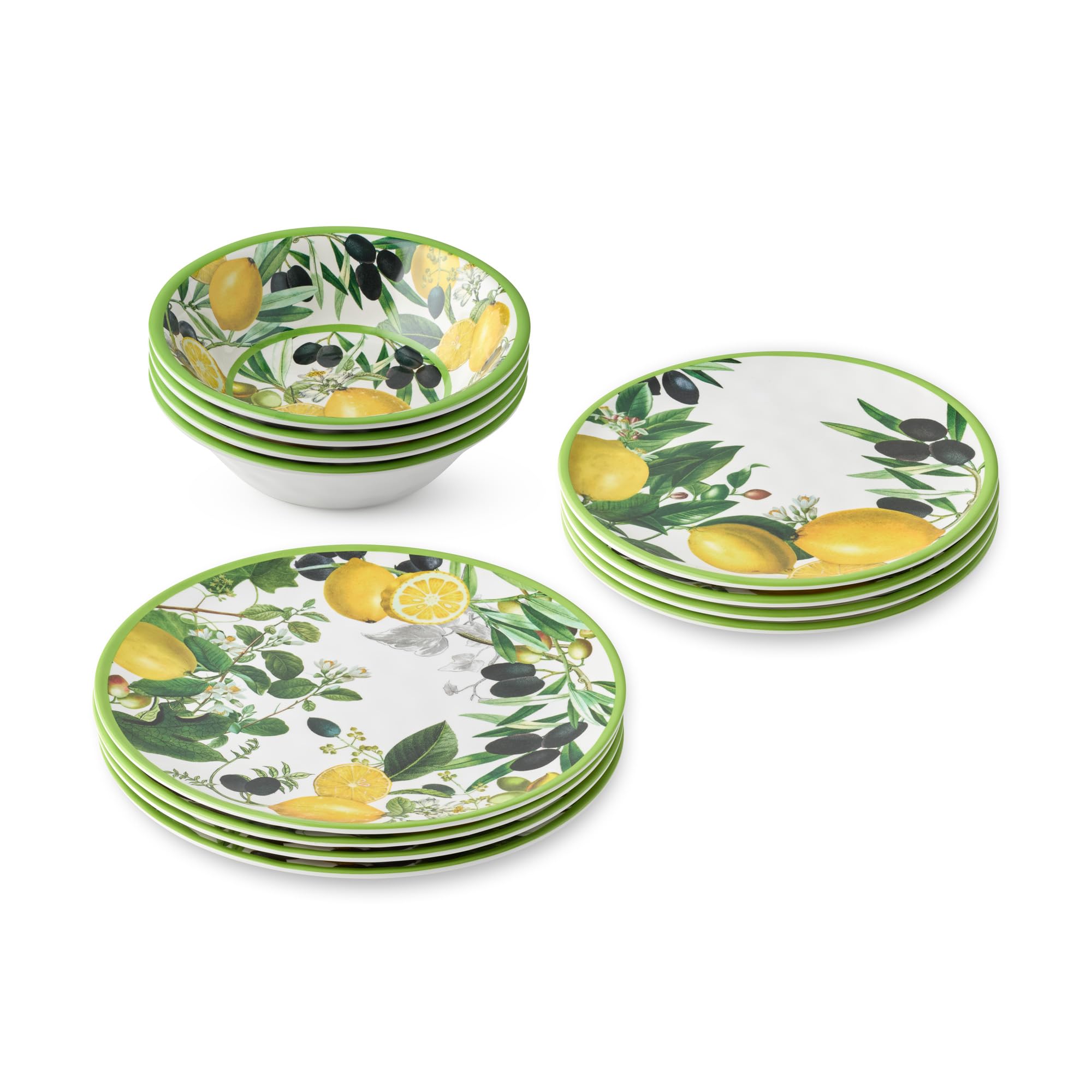 Limone - Juego de vajilla de melamina de 12 piezas, inspirado en cítricos, servicio para 4, duradero, inastillable, platos y cuencos aptos para lavavajillas para comer todos los días, uso al aire