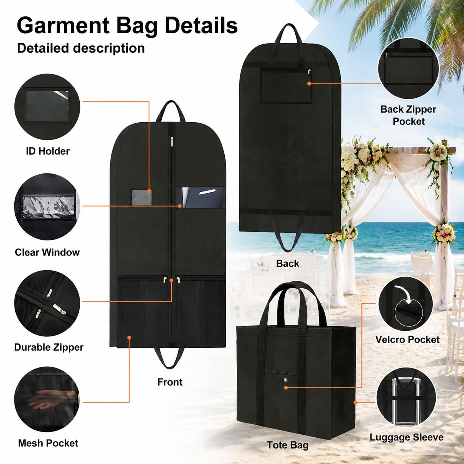 CYD Borsa porta abiti da viaggio per uomo, borsa pieghevole, nero, 109,2 cm porta abiti, confezione da 2