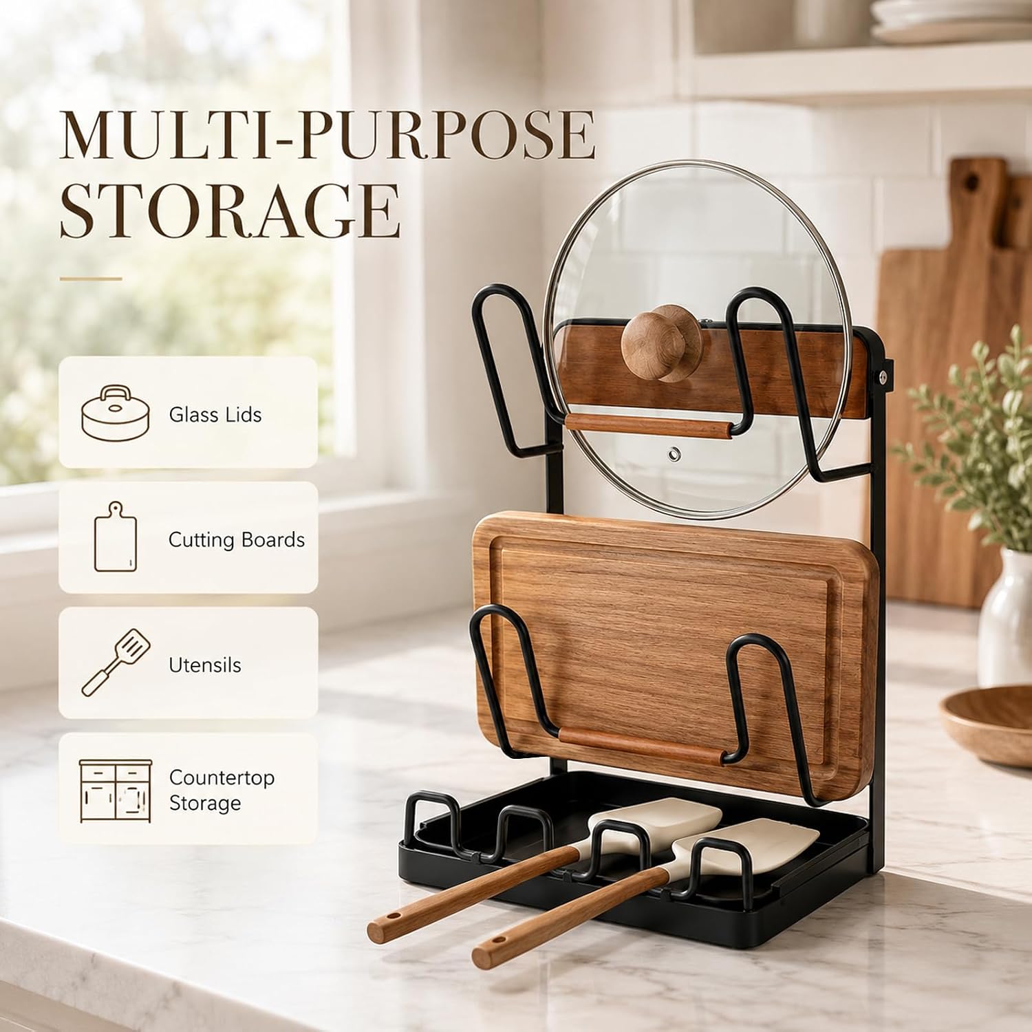 Kitchen Pot Lid Storage Rack,Carbon Steel U-Shaped Double Layer Holder & Spoon Rest with Removable Drip Tray Fit for 7.5"-14",Space Save Kitchen Pot Lid Organizer for Cutting Board,Ladles,Pan Cover