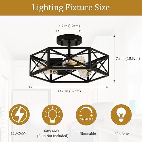 Miniatura 3 de Moderna lámpara de techo negra de granja, lámpara de techo industrial semiempotrada, accesorios de iluminación hexagonales para cocina, dormitorio,