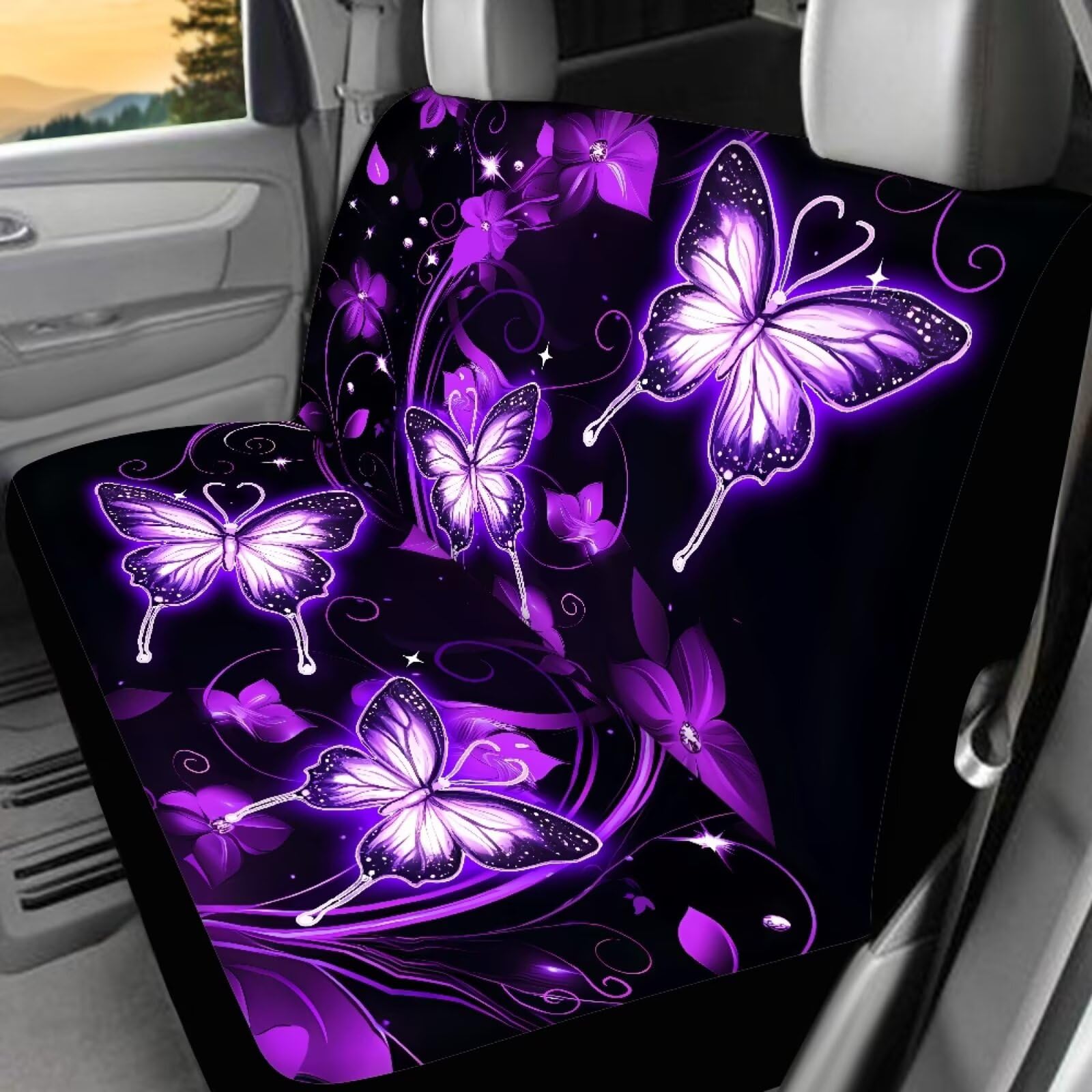 Galaxy Schmetterling Autositzbedeckung Set für Vorder- und Rückfrauen Stretchy Geteilter Sitzbezug Universal-Fahrzeug-Eimer-Sitzpad Vollständiges Set 4 Stück Auto Innenraum Zubehör Set