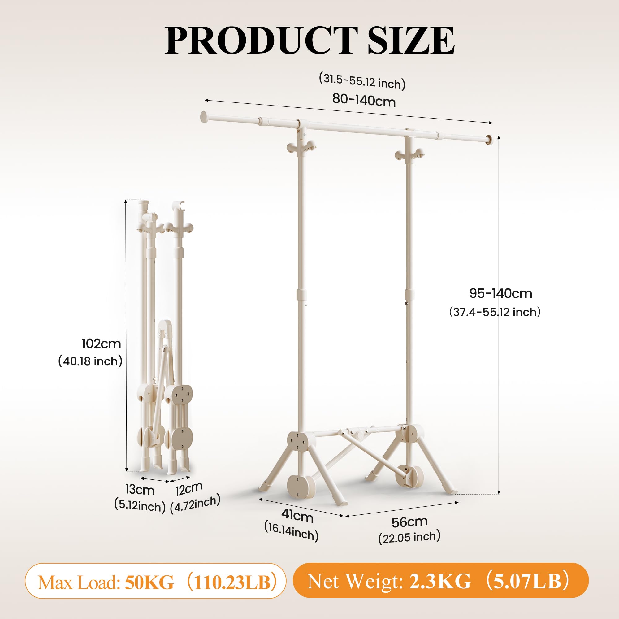 Perchero burro, Pequeño Perchero Plegable con 3 Altura Regulable | 4 ganchos laterales, varilla extensible única, acero al carbono resistente, Hasta 50 kg de carga, Blanco Crema