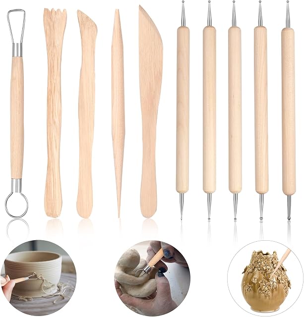 Clay Tools, Polymer Clay Tools,10PCS Clay Modelling Tools Kit, Wooden Clay Sculpting Tools, Kids Pottery Kit for Dot Lines Emboss in Clay Ceramics Paper Flower Art.