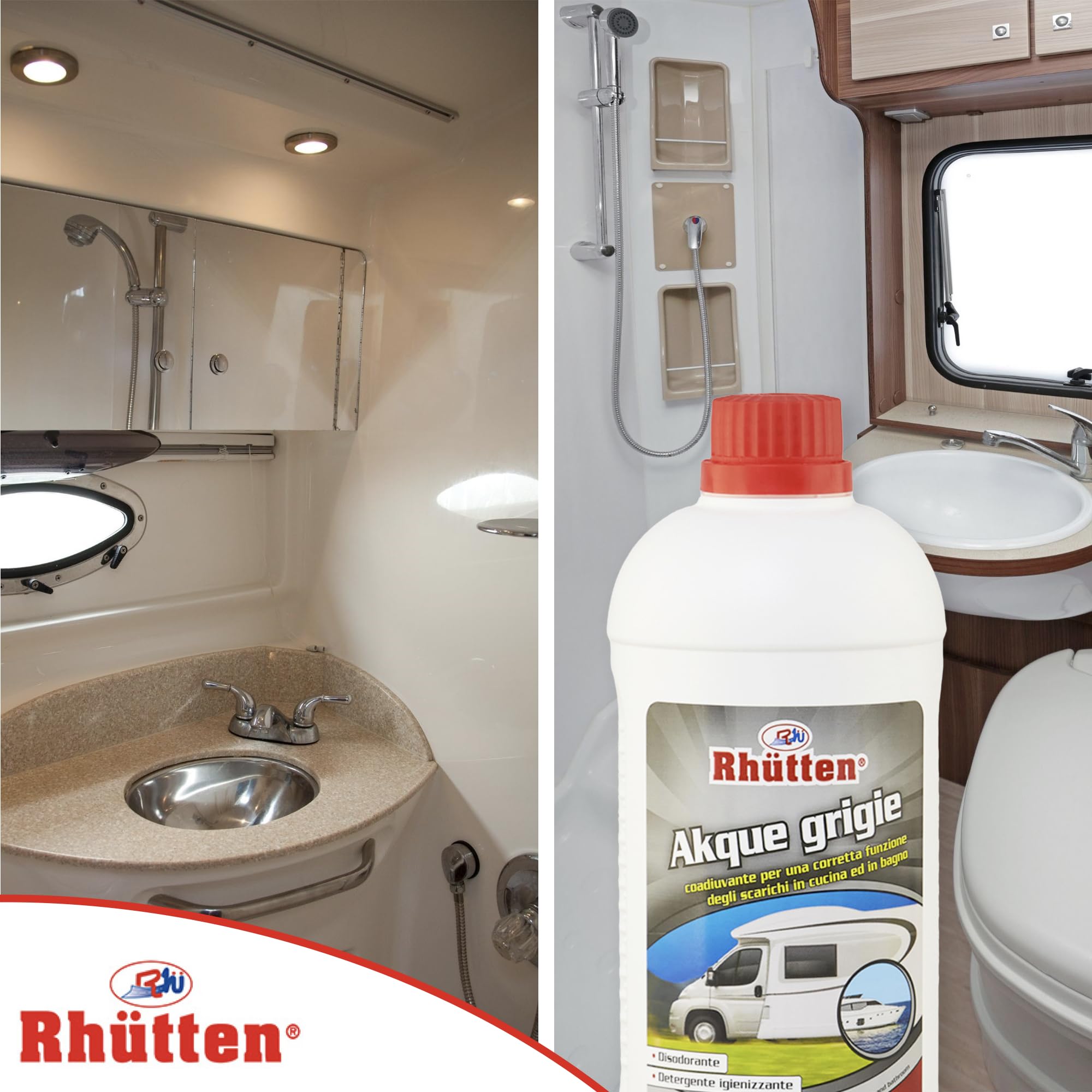 Rhutten Liquido Igienizzante per Acque Grigie Camper, Antiodorante e Igienizzante per Acque Chiare, 1L