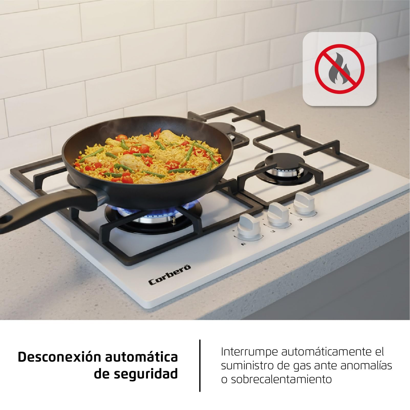 Corberó - Plaque gaz butane 60 cm | CPCGM3F3126W | Puissance 6,05 kW | 3 zones | Zone Wok | Auto-allumage | Couche de protection Clean+ | Arrêt automatique | Verre blanc
