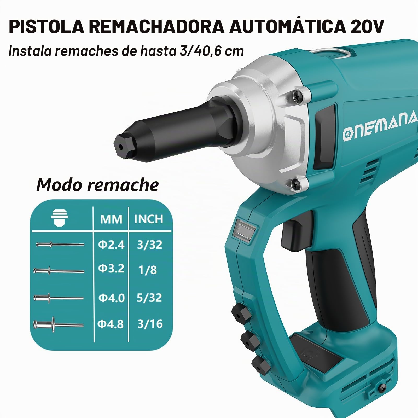 Pistola Remachadora Inalámbrica Batería, ONEMANA Pistola de Remache Eléctrica sin Escobillas 20000N 480RPM, Pistola de Tuerca de Remache Automático con LED（Remachadora Solo Cuerpo）