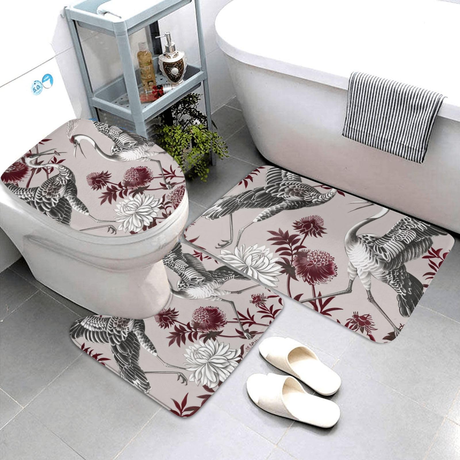 Lot de 3 tapis de bain en flanelle avec motif floral et herbes botaniques - Tapis de bain + tapis contour + housse de siège de toilette - Antidérapant et absorbant