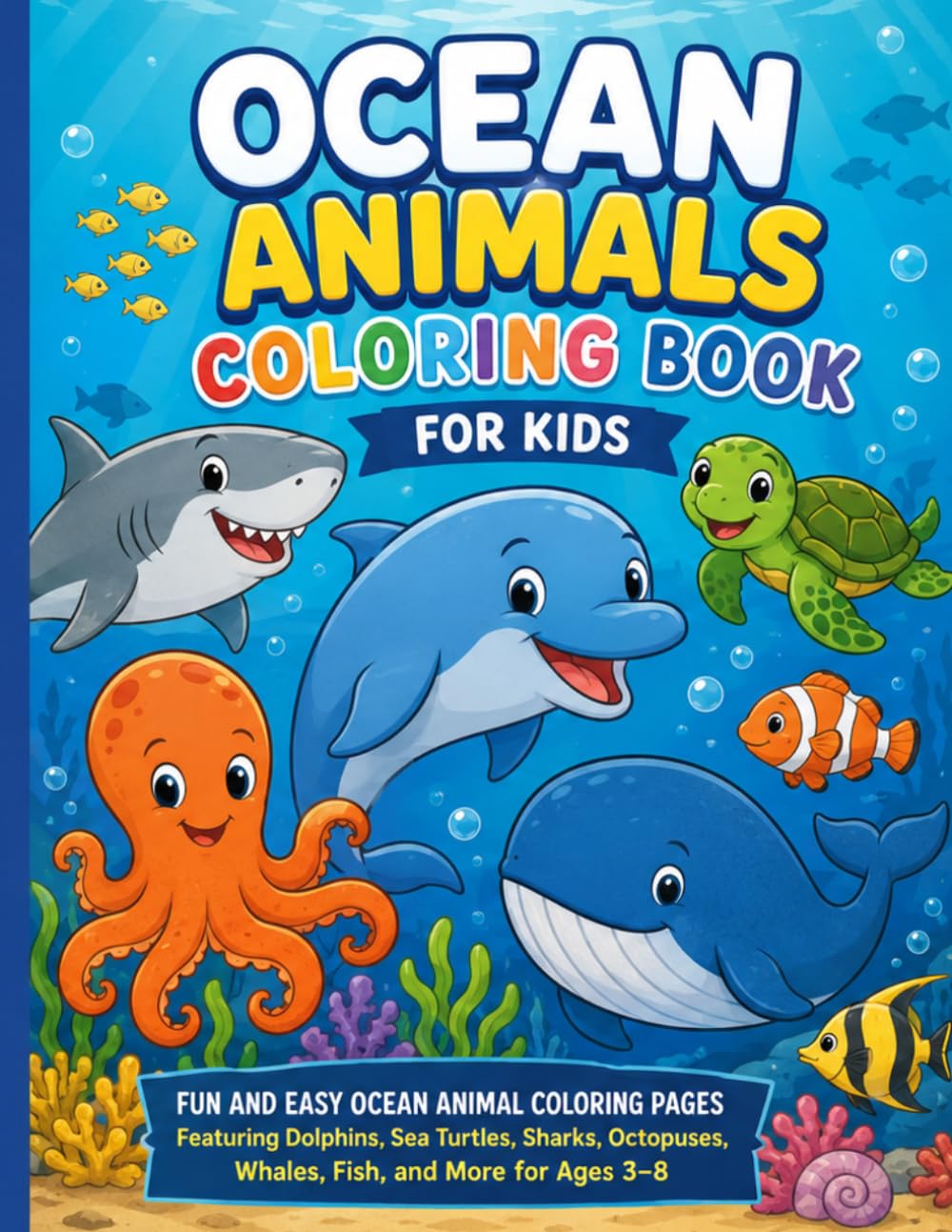 Ocean Animals Coloring Book for Kids: Fun and Easy Ocean Animal Coloring Pages Featuring Dolphins, Sea Turtles, Sharks, Octopuses, Whales, Fish, and More for Ages 3–8