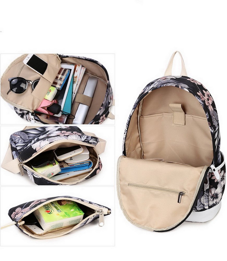 Acmebon Sac à dos décole fashion pour filles, Sac à dos Casual pour ordinateur portable - Ensemble de 3 pièces pour femmes Floral