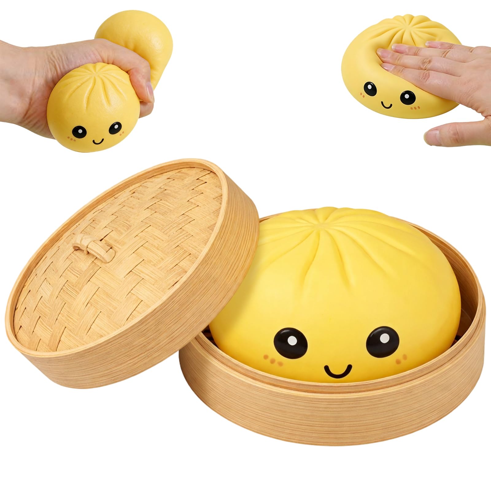 Dumpling Squishy with Steamer Basket, Squishy Dumpling Glitter Mystery Pack, Emotion Relief for Relaxation and Focus, Soft Textured Collectible for Desk and Home Decor
